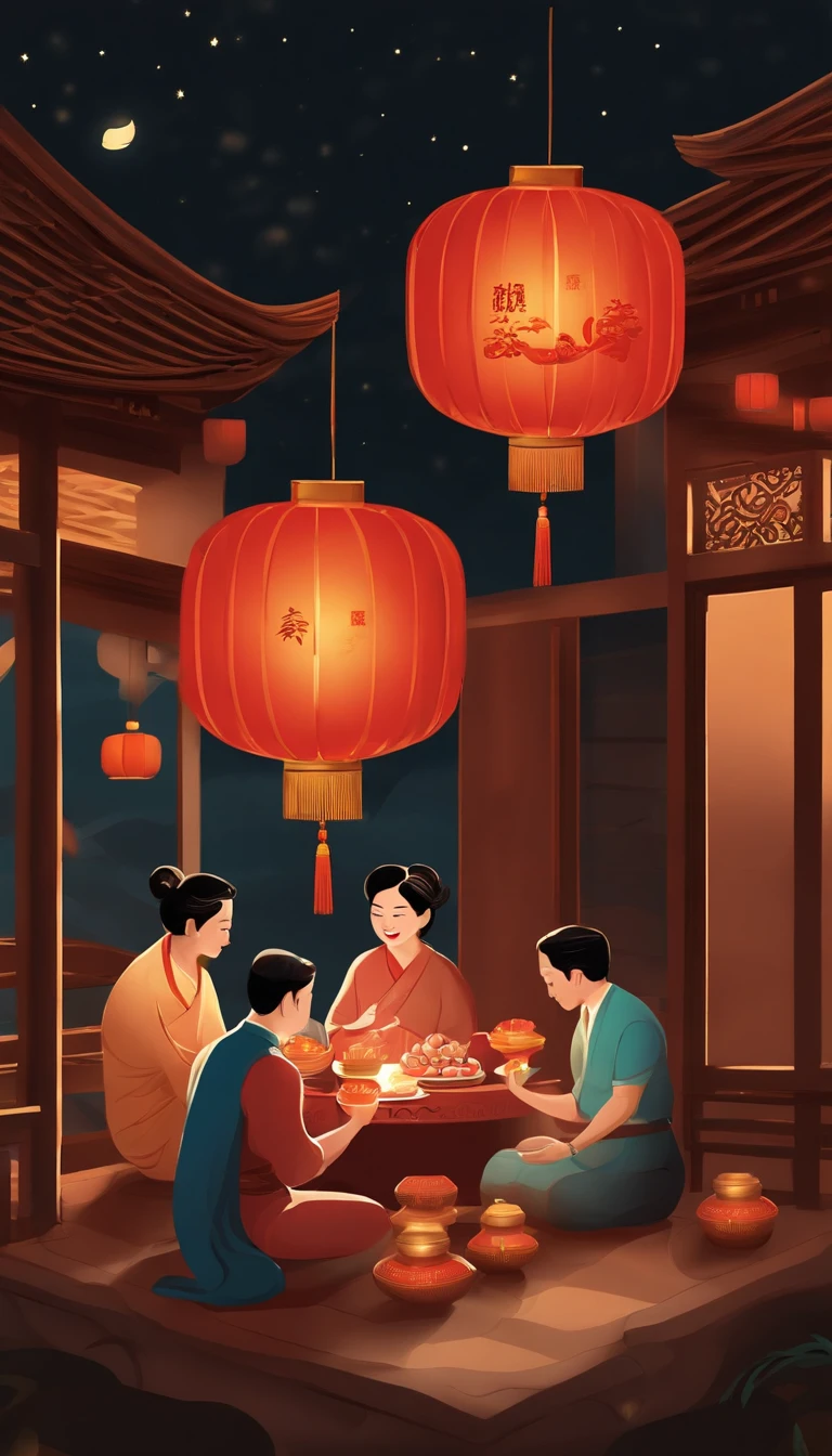 A family eats mooncakes,Men honor their parents with gifts in their hands, Happy family, There are mooncakes on the table,Gift in hand, tea drinking and paper lanterns, Another bright moon in the sky,warm and joyful atmosphere, Digital illustration, Poster illustration, , , digital illustrations , Chinese style painting, , exciting illustration,