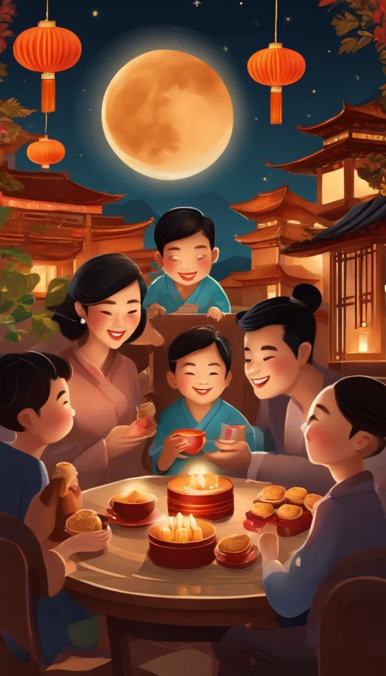 A family eats mooncakes，Men honor their parents with gifts in their hands, Happy family, There are mooncakes on the table,Gift in hand， tea drinking and paper lanterns, Another bright moon in the sky，warm and joyful atmosphere, Digital illustration, Poster illustration, kid, , digital illustrations , Chinese style painting, , exciting illustration,