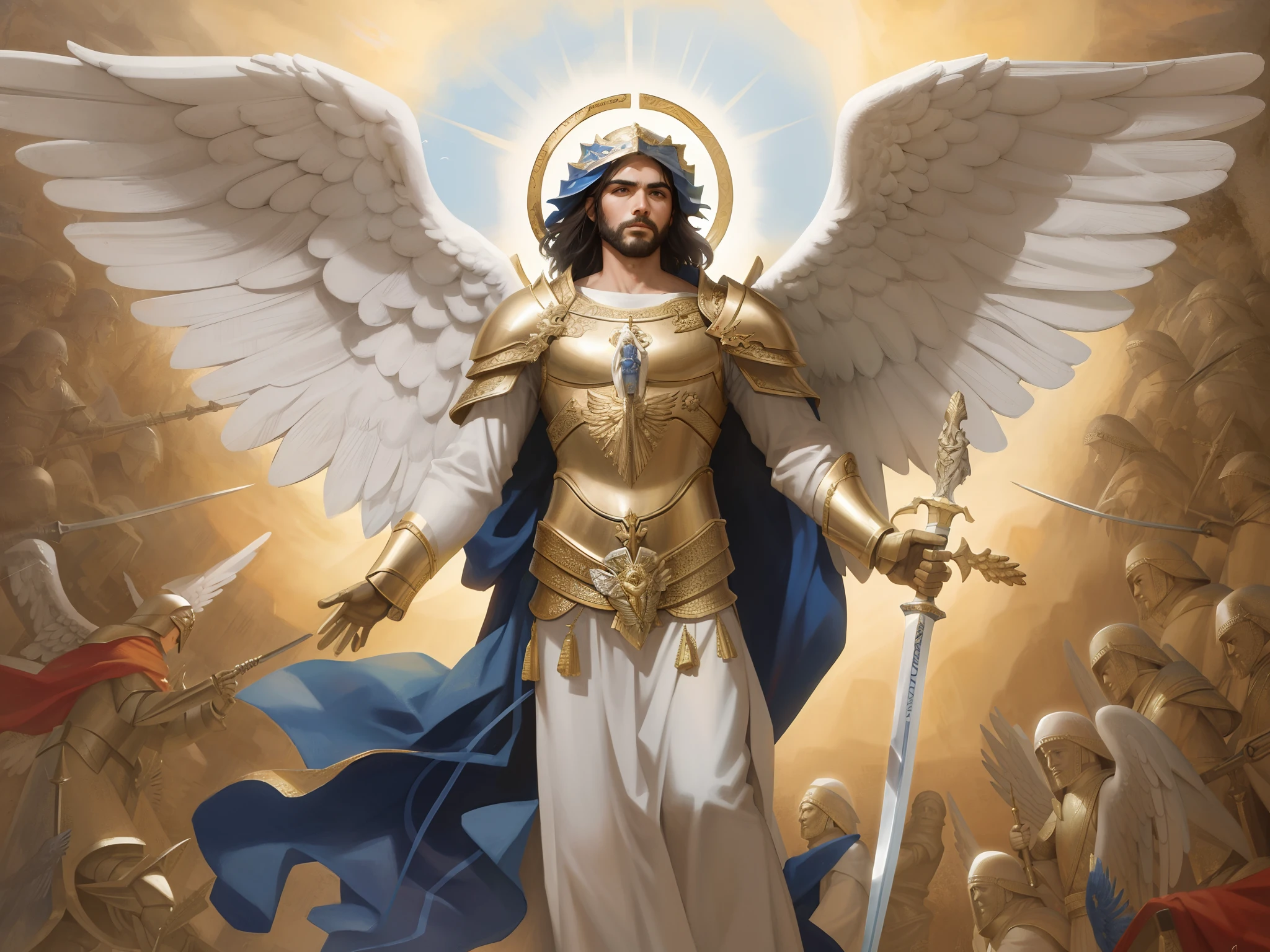 Arafed anjo com espada e armadura na frente de uma pintura, Arcanjo Miguel, arcanjo, saint michael the angel, Anjo majestoso de corpo inteiro, anjo, Armadura Dourada Angelical, cheio de pinturas de anjos, angel in plastic armor, biblical accurate angel, angelic, angelic, Directed by: Roman Bezpalkiv, Daniel, anjo protegendo o homem