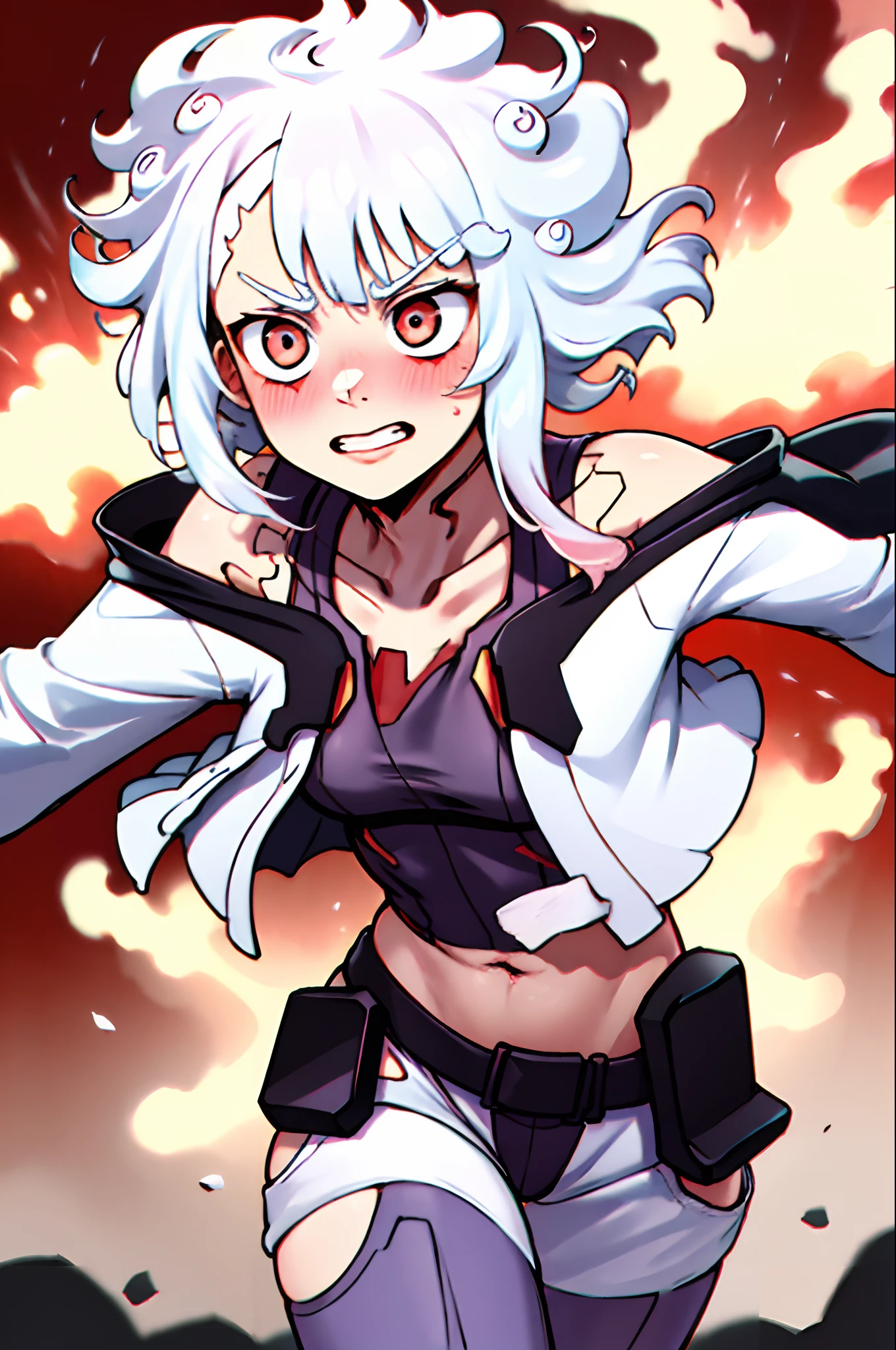 fifth gear, megumin, sanpaku, lu1, cyborg, makeup, bare shoulders, black leotard, high leg leotard, (thong:1.1), white jacket, open jacket, belt, shorts white hair, blush, collarbone, hair between the eyes , looking at the beholder, medium hair, shoulder to shoulder, white clothes, red eyes, side strands, solo, curly hair, curly eyebrows, ((masterpiece))