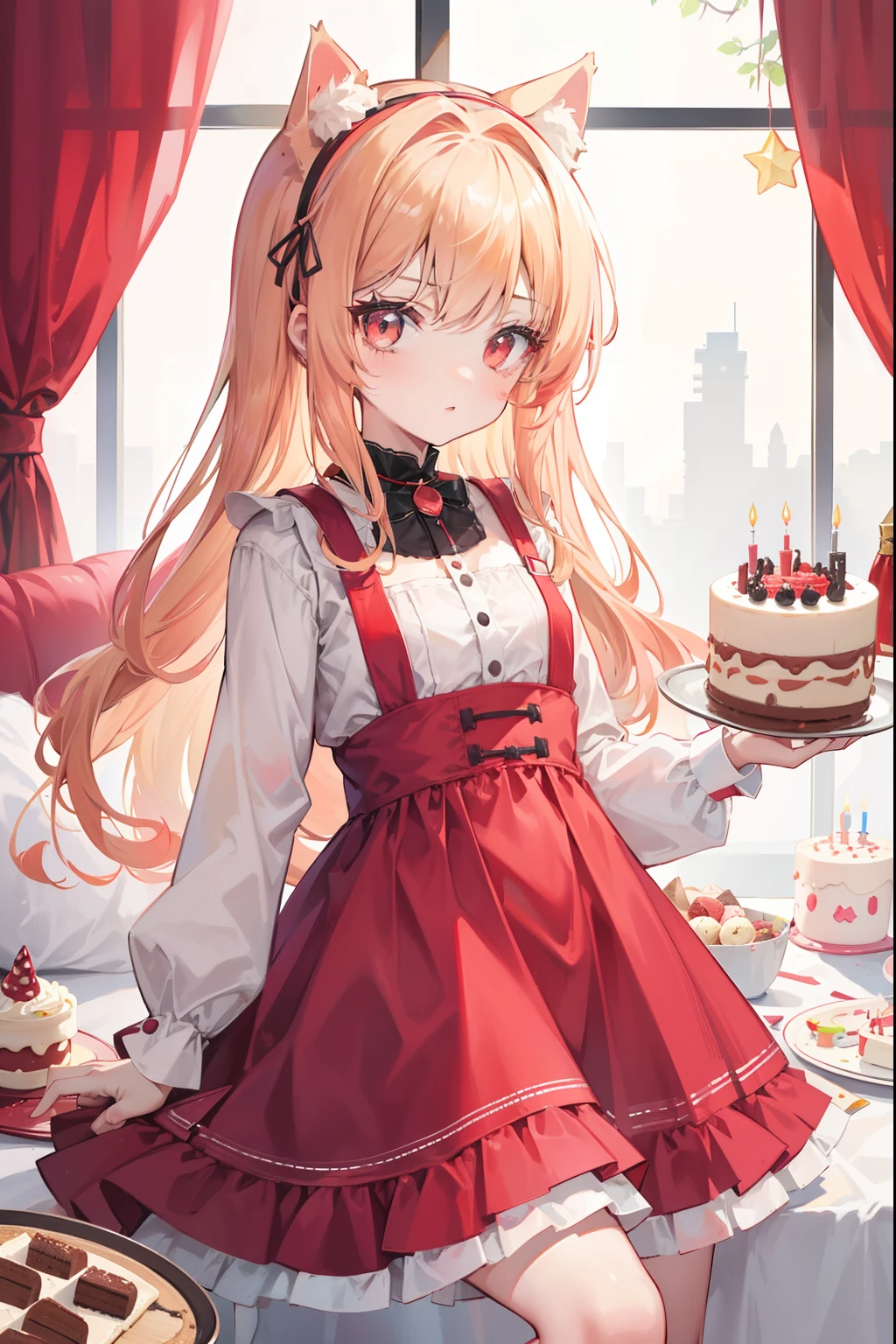 1girll,bit girl,Petite,Long beige hair,red color eyes,having fun,Cat ear headband,Casual dress,The birthday cake,Wish,the night,warm