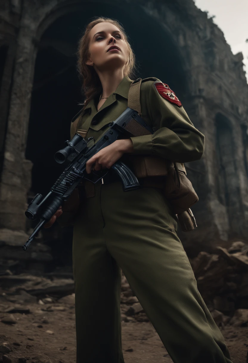 Tanya Degurechaff, Military uniform, short stature, psychotic eyes, destroyed scenery, side view, hold gun, dark style