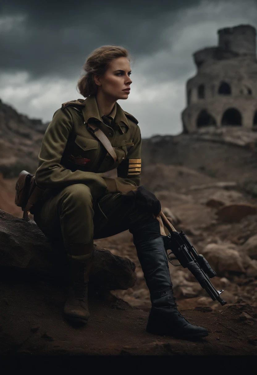 Tanya Degurechaff, Military uniform, short stature, psychotic eyes, destroyed scenery, side view, hold gun, dark style