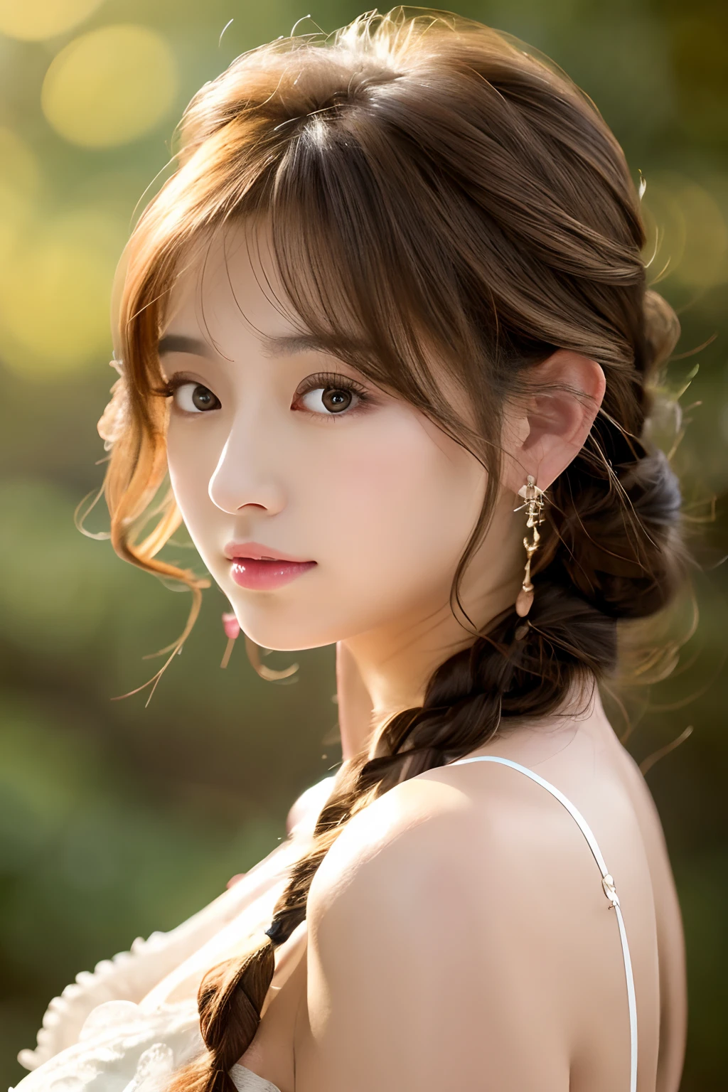 finest image, realistic, portrait, detailed and delicate depiction, neat and beautiful Japanese woman, light brown braided bangs straight hair, shining big eyes, long eyelashes, double eyelids, red alluring moist big thick lips, huge breasts, slender, sexy lace dress was wide open on the sides