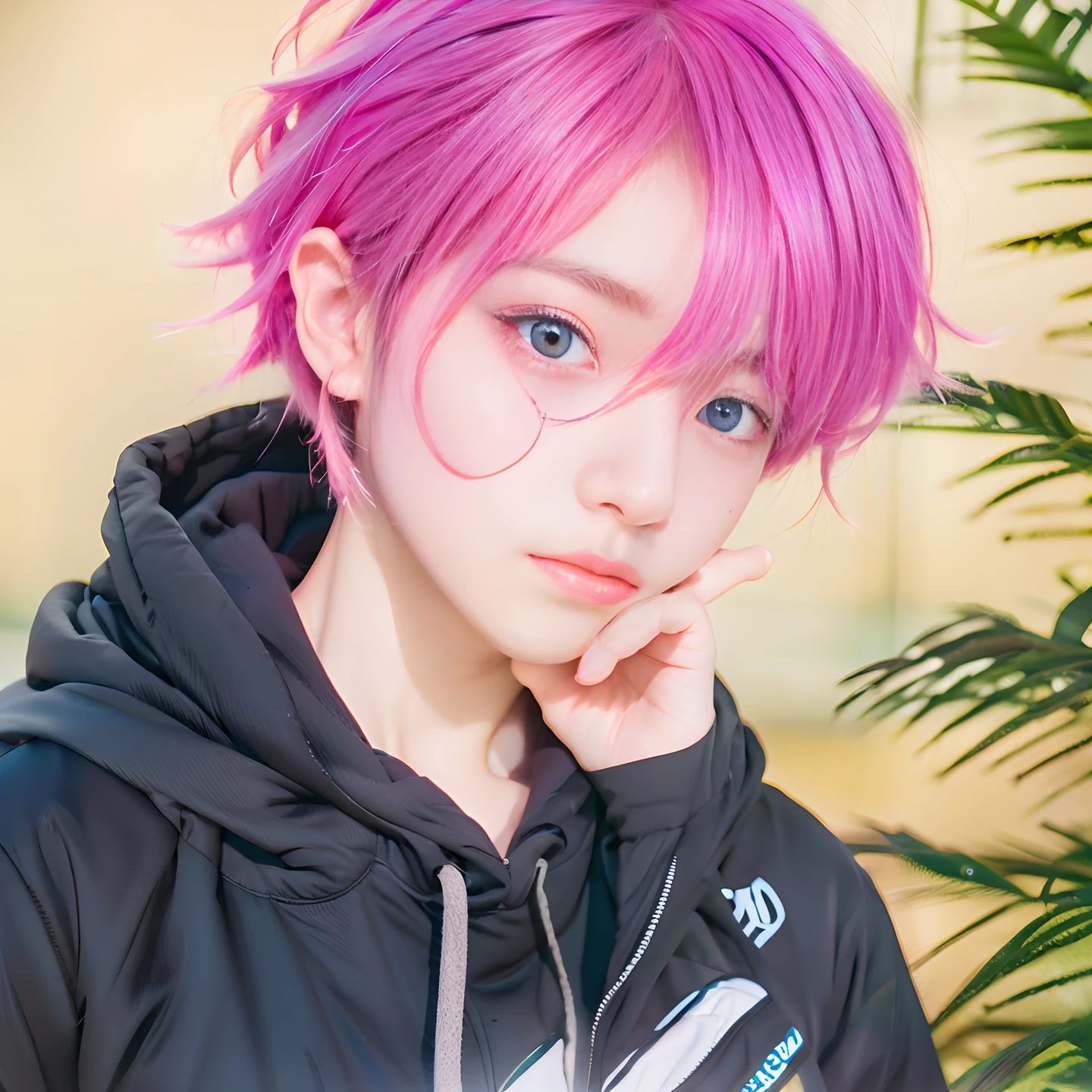 1 boys, Kanemoto ikazu, pink hair, blue eye, hoody black, realistick,super detail, 70mm lens