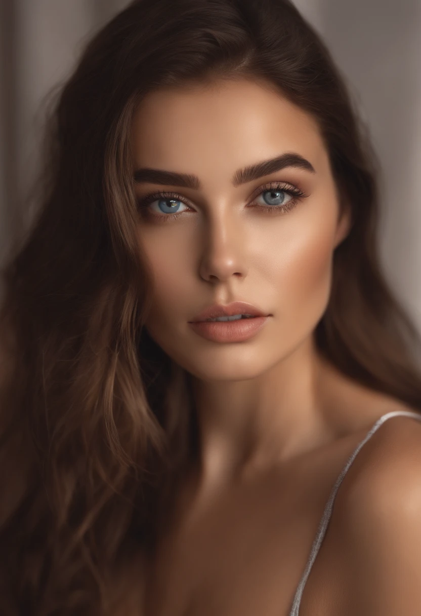 Arafed woman completely , fille sexy aux yeux bruns, ultra realist, Meticulously detailed, Portrait Sophie Mudd, cheveux bruns et grands yeux, selfie of a young woman, Yeux de chambre, Violet Myers, sans maquillage, maquillage naturel, looking straight at camera, Visage avec Artgram, Maquillage subtil, Great photo of the whole body kneeling on the bed, dans la chambre, Medium to large bust
