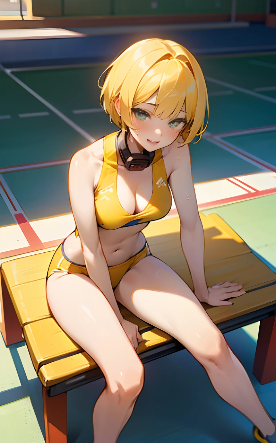 (Original Character、Unity 16K Wallpaper, Masterpiece, Best Quality, Ultra-Detailed, Extremely Detailed CG, Caustics, Cinematic Lighting, Detailed, Beautiful Detailed Eyes, solo), Ultra High Resolution, fine skin, (track and field:1.2) 、(strong light)、sweaty skin,smile , from front:1.2、(sexy women)、track arena、full body shot、2 piece , bare belly, show neck, some cleavage, sleeveless, sunny day、cowboy shot, yellow hair、sit on the bench,open legs, pixie cut,blushing, short hair, yellow track uniform, yellow uniform, no collar, yellow tanktop, yellow bikini bottom, one knee up