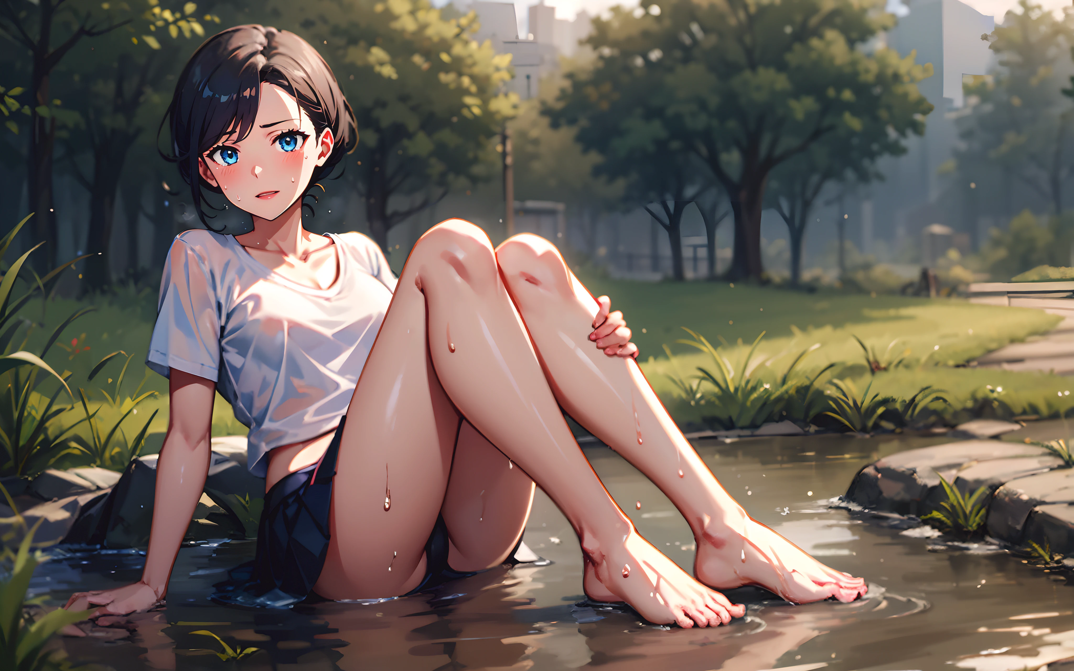 (black hair:1.6), blue eyes, sweating, glowing eyes, heavy breathing, female focus, 1girl, barefoot, sitting, skirt, breasts, shirt, grass, wet, underwear, outdoors, water, feet, tree, short_sleeves, nature, large_breasts, solo, pleated_skirt, panties, white_shirt, wet_clothes, looking_at_viewer, collarbone, forest, black_skirt, lips, bare_legs, bra_through_clothes, blush, wet_shirt, toes, black_panties, see-through, "long shot scenic professional photograph of {prompt}, perfect viewpoint, highly detailed, wide-angle lens, hyper realistic, with dramatic sky, polarizing filter, natural lighting, vivid colors, everything in sharp focus, HDR, UHD, 64K", anime coloring, anime screencap, sweating, steaming body, fog,