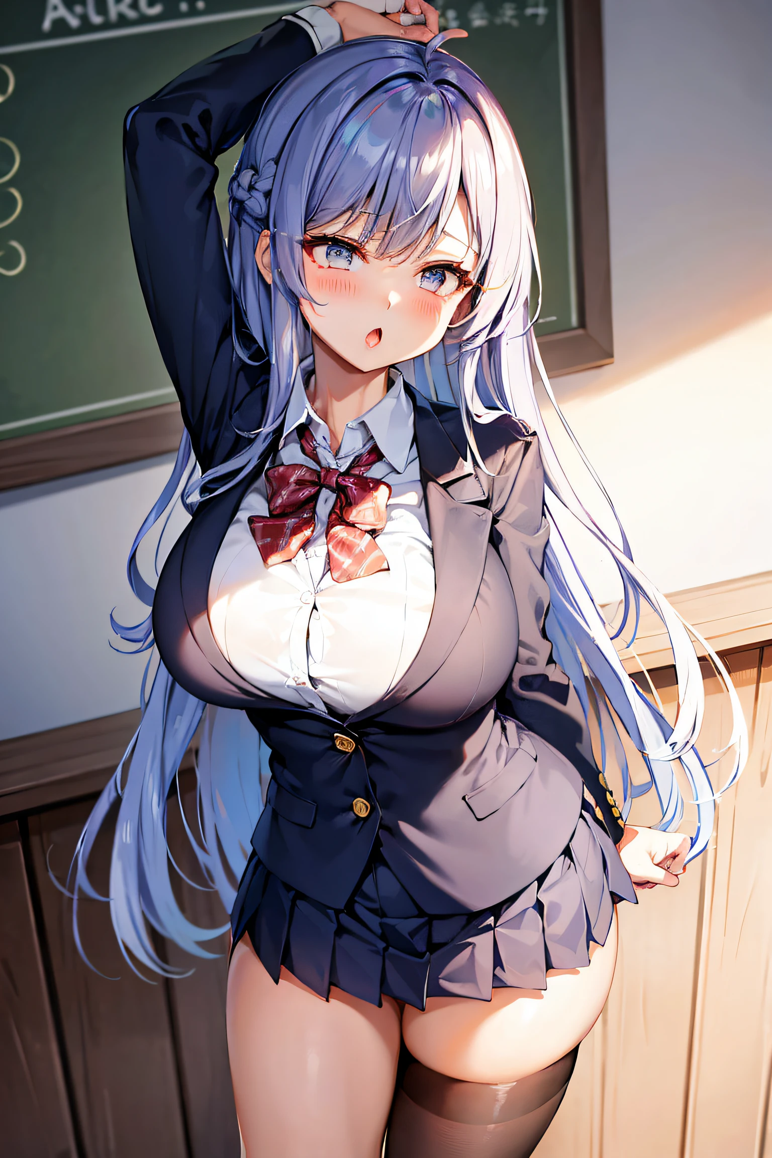 Masterpiece, best quality, ultra detailed, gigantic breasts, standing, funny, long hair, school uniform, blazer, pleated_skirt,