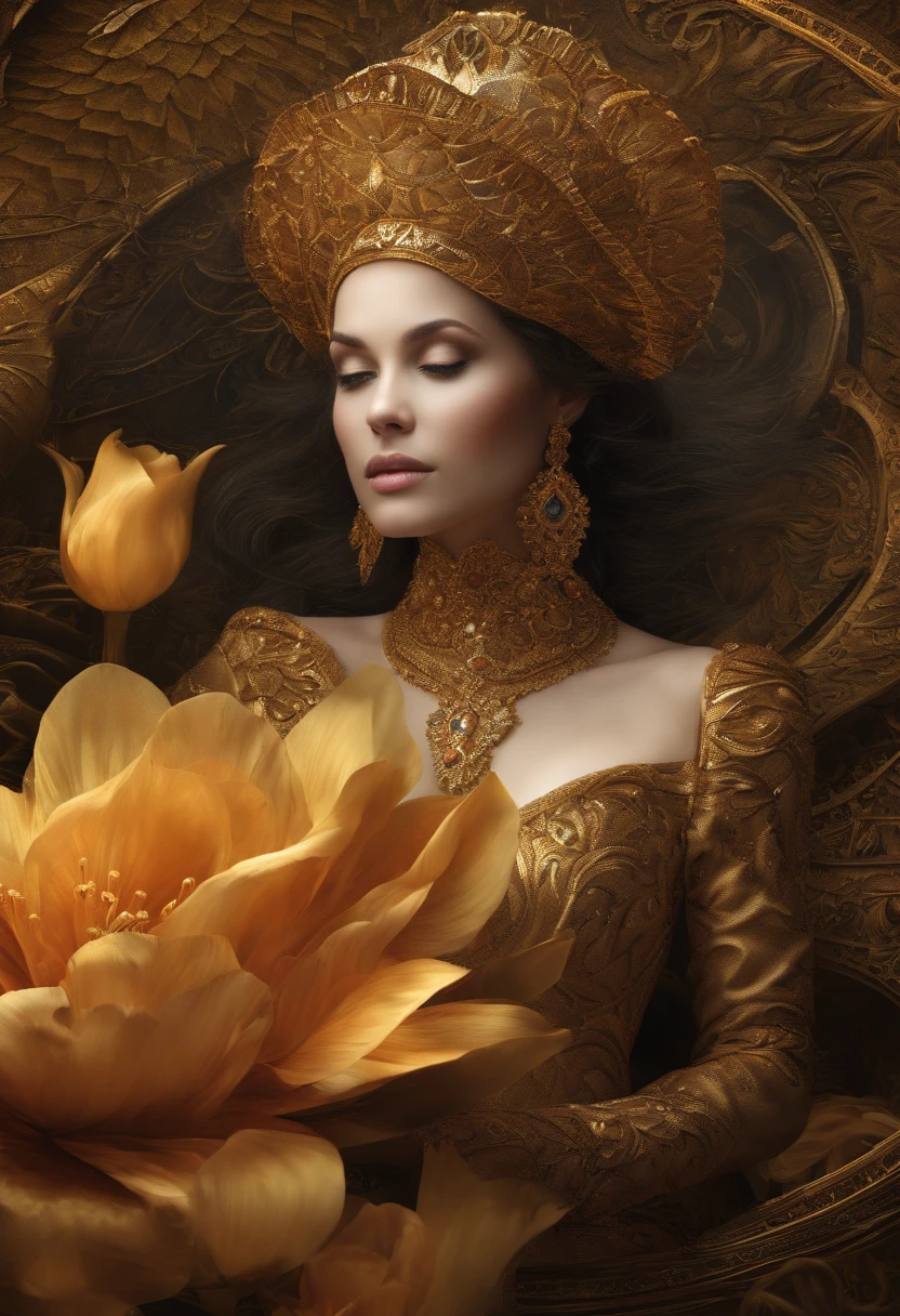From the waist to the head a woman, From the waist down it's fishtailabsurd, A high resolution, ultra detalhado, (1 cinta:1.3), Fantasia steampunk trajes , Psychedelic, fractal patterns, geometric figure, Dynamic, cores brilhantes, (flor, Petals), (ouro e amarelo:1),
