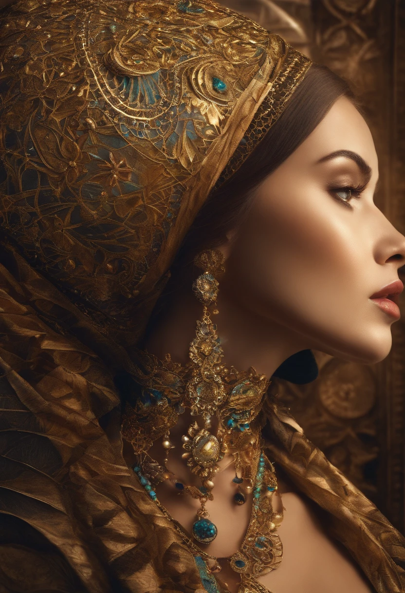 From the waist to the head a woman, From the waist down it's fishtailabsurd, A high resolution, ultra detalhado, (1 cinta:1.3), Fantasia steampunk trajes , Psychedelic, fractal patterns, geometric figure, Dynamic, cores brilhantes, (flor, Petals), (ouro e amarelo:1),