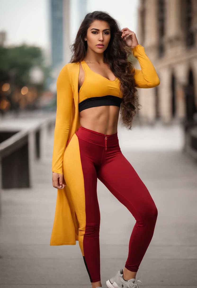 teen arabic girl in a black top and red pants, yellow eyes, pony tail, on a Chicago city street, crop shirt and strong abs, full body length shot, red gold and black outfit, converse, fitness model, gorgeous female, athletic fashion photography, full body close-up shot, portrait of modern darna, fit curvy physique, red and gold, by Natasha Tan, profile image, gold and red, araffe woman in a black top and red pants on a Chicago city street, a portrait by Natasha Tan, trending on cg society, arabesque, crop shirt and strong abs, full body length shot, red gold and black outfit, fitness model, gorgeous female, full body close-up shot, athletic fashion photography, portrait of modern darna, fit curvy physique, female genie, female djinni, masterpiece