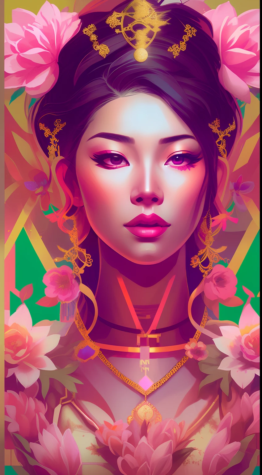 snthwve style nvinkpunk (symmetry:1.1) (portrait of floral:1.05) a asian woman as a beautiful goddess, (assassins creed style:0.8), pink and gold and opal color scheme, beautiful intricate filegrid facepaint, intricate, elegant, highly detailed, digital painting, artstation, concept art, smooth, sharp focus, illustration, art by greg rutkowski and alphonse mucha, 8k