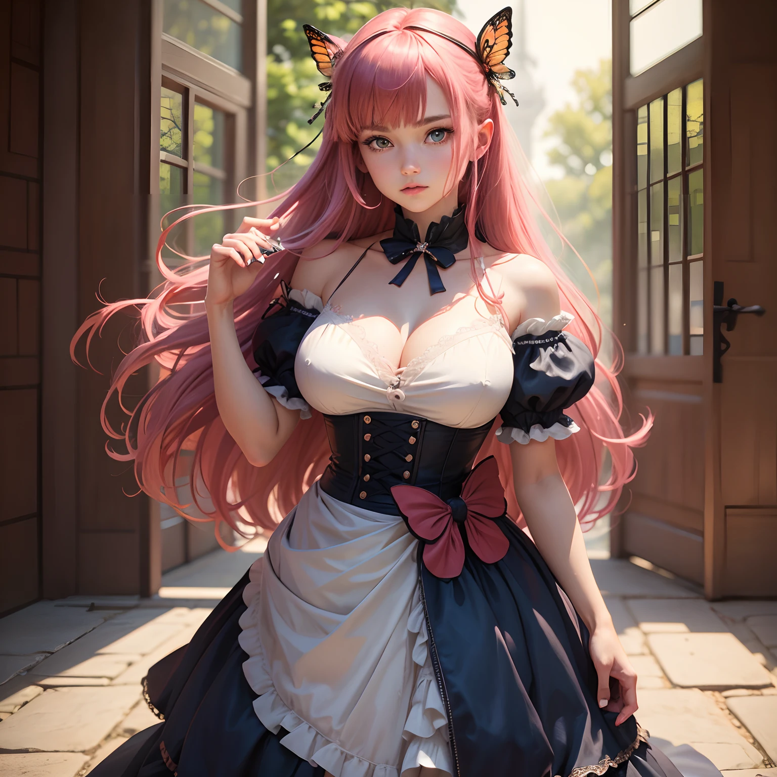 8k, masterpiece, best quality, realistic, higly detailed, cowboy shot, 1girl, solo, Nino, cute, cold-looking girl, waist-length straight hair, square bangs hanging over eyebrows, reddish-pink hair, twin butterfly-shaped ribbons on both sides of head, dark blue eyes, average height, well-endowed figure, large breasts, fashionable girl, various cute accessories, takes care of nails, Wedding Dress