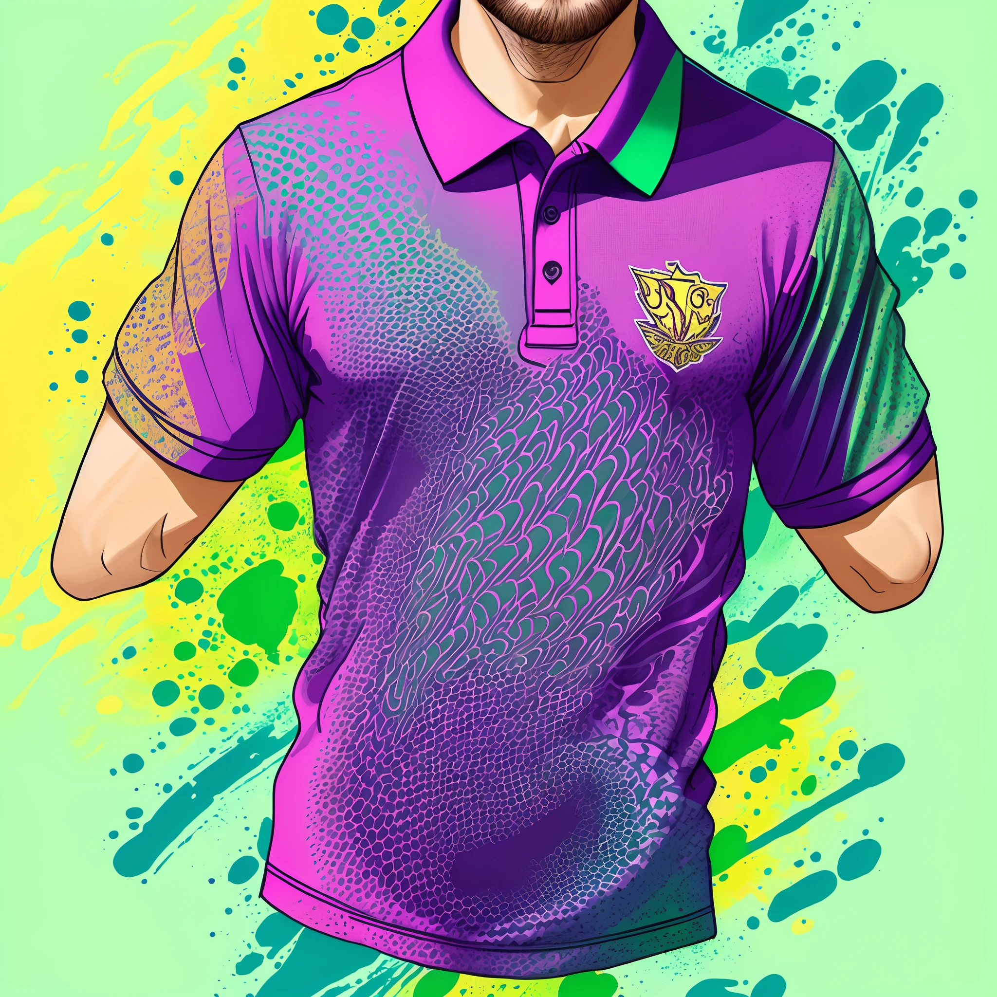 Gerar mockup de una camiseta polo, con estampa estilo abstrato em tres cores roxo, amarelo e verde.