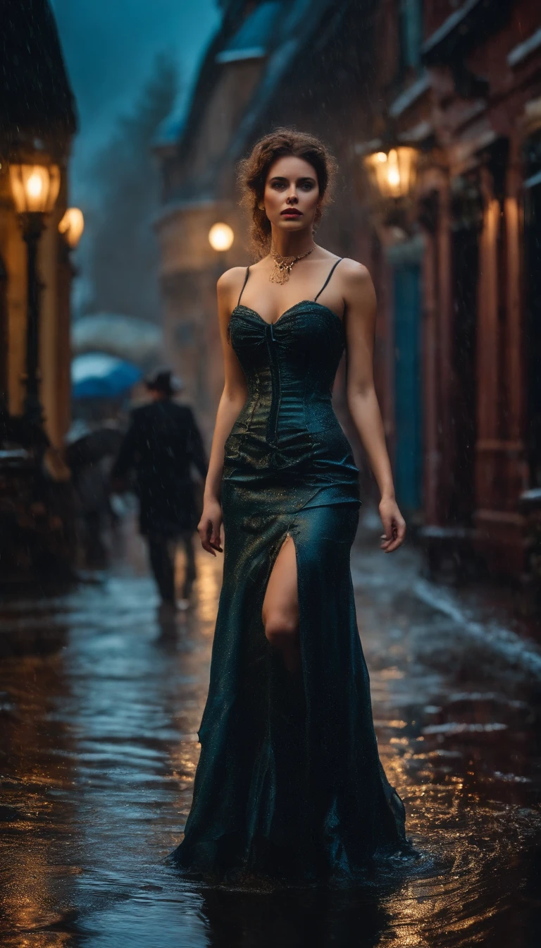 a woman wearing victorian sexy dress and sexy posing under wet under the heavy rain, totally wet, victorian time and street,