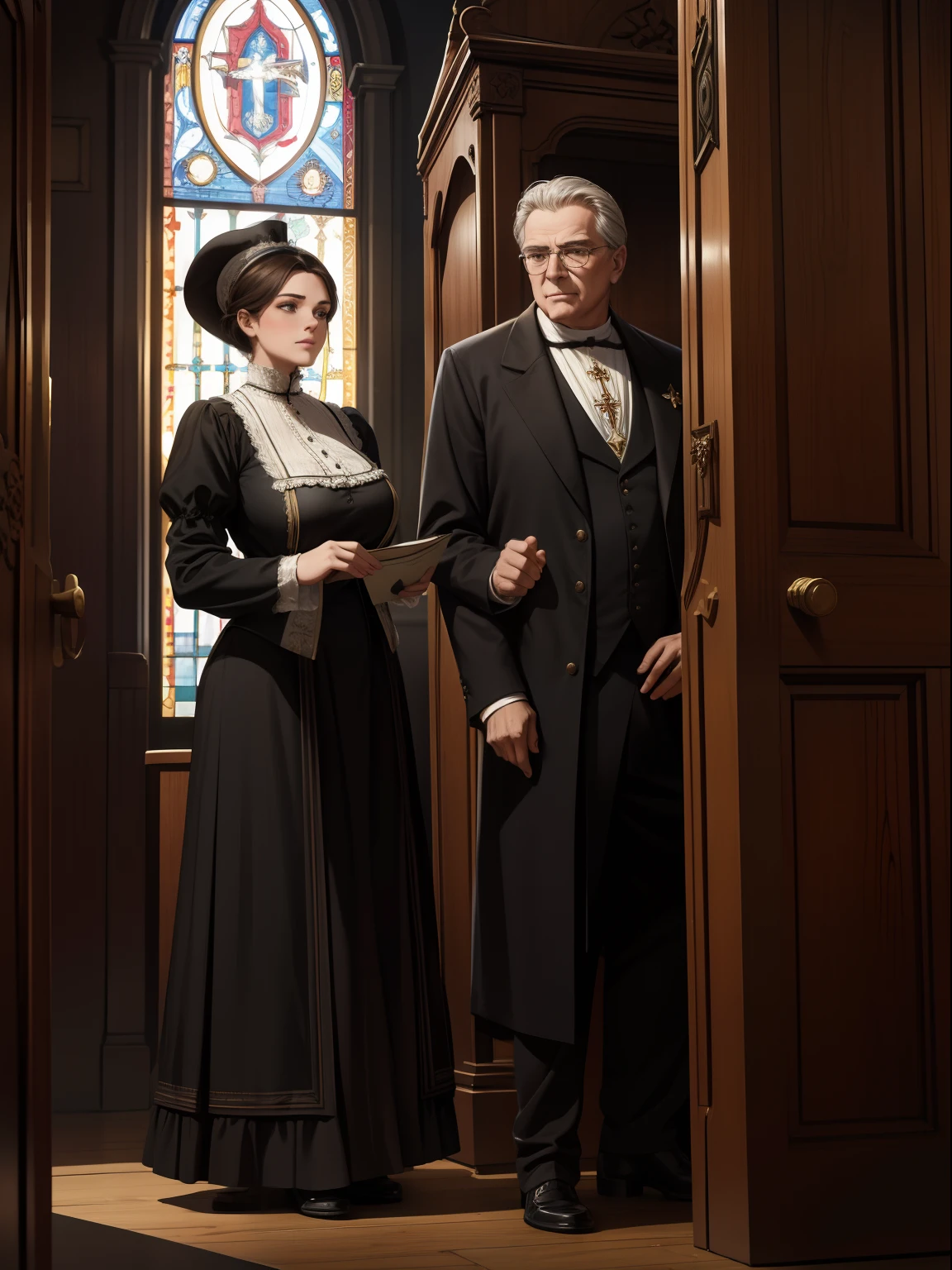 Illustration of a church scene in Victorian style, an elderly pastor and a young buxom brunette woman wearing a Victorian style dress standing in front of the confessional an talking