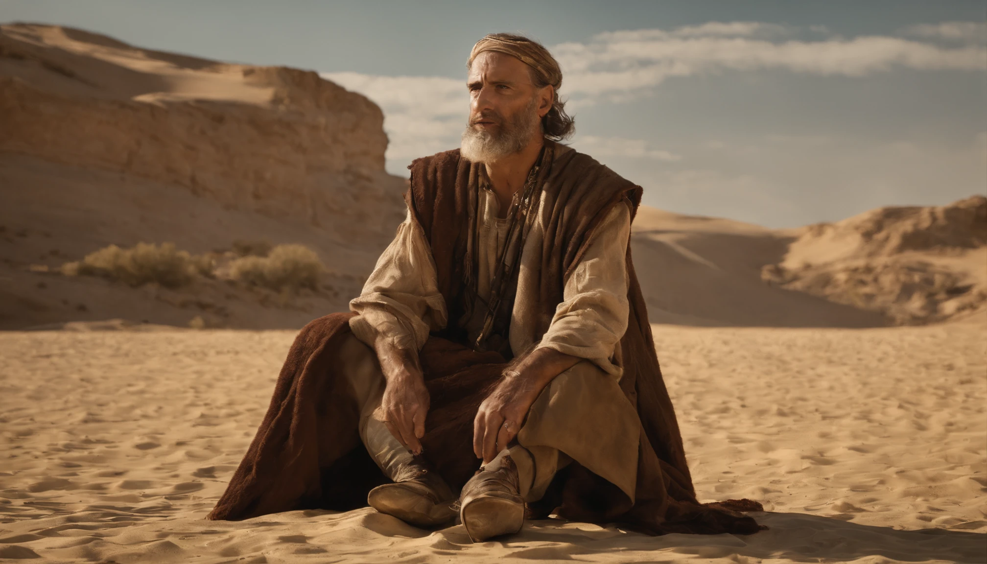um homem encapuzado andando no deserto, holding a staff and a hand, with a sky background, portrait of bedouin d&d, ainda de um filme live action, Directed by: Étienne Delessert, Disparo IMAX, James Gurney e Andreas Rocha, Filme ainda de Duna 2020, medium shot of two characters, Danube, Sony Fotos, 4k ainda, Movie image of biblical prophet, he looks up to heaven and cries out to God to hear him, com tons quentes e terrosos, e sombras profundas, has a wise expression, --V 5 --Estilizar 1000, Biblical prophet cries out to God for the lives of his people, obra-prima, detalhes intrincados, cinemactic, The biblical prophet looks to heaven, A beautiful blue sky with some clouds, It's in the Sinai Desert, em uma colina, In the background is the desert and a small biblical village in the background, 50-Year-Old Biblical Character, no deserto: epic realistic, Soft cinematic portrait, Adobe Lightroom, photographic lab, altamente detalhado, desbotado, arte de greg rutkowski e artgerm ,cores neutras: 1,2), (HDR: 1,4) , (cores suaves:1.2), hiperdetalhado, (art-station:1.4), cinemactic, luzes quentes, dramatic light, (detalhes intrincados:1.1), fundo complexo, (Rutkowski:0.66), (azul e laranja:0.4), cinemactic, wears a brown robe and is looking up at the sky, (((olhos perfeitos, expressivos))), 8k, olha para cima, to the sky still blue, ((olhar perfeito, Expressivo))), (((apenas um homem))), ((barba curta grisalha e cabelo curto grisalhos)), Looking Up The Sky, (((olhos perfeitos)) Epic image, cinematographic, Cinematic 8K, imagem de meio corpo, plano americano, He is alone and his eyes staring at the blue sky with some clouds, (((olhos bem detalhados, very sharp, expressivos))) ((tem barba curta e cabelo curto grisalho)), 8k, cinemactic, obra-prima, (((um homem))), ((((is alone in the desert)))), olhos perfeitos e expressivos, It's just a man and it's alone,