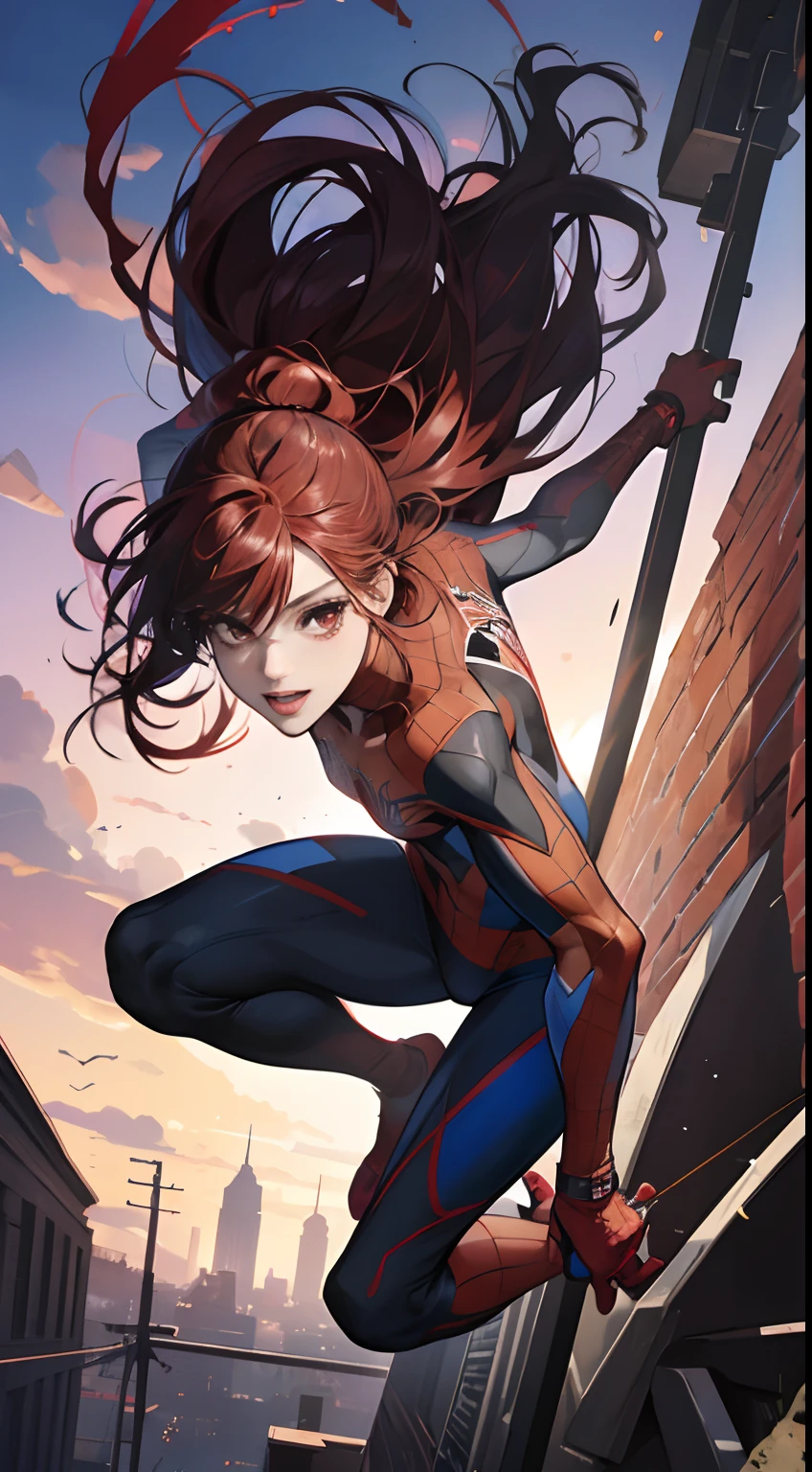 (Best Quality,4K,High resolution), girl with, Red mesh hair on black hair, Long straight hair, sharp eye，Red Eyes、Laugh exhilarating，spider girl、Red and blue spider suit，Spider Hero、The trademark of the spider on the chest、Suit with cobweb decoration、Remove the spider silk from your hands、Comical appearance，noisy，rampage，comic strip，animesque，Comical illustration，Scene of jumping from a building，Exhilarating action movie-like portrayal、Deformed cute illustration、Full body projection、Vibrant depiction