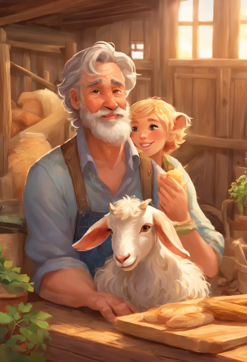 (a close-up, highres, ultra-detailed) A grandad milking a goat in a cozy barn with the gentle sound of the goat's bell, amidst warm sunlight streaming through the wooden slats. The grandad, with weathered hands, is dressed in a worn flannel shirt and denim overalls. The texture of the barn walls and the straw on the floor add depth to the scene. The goat, with its shaggy fur and expressive eyes, stands calmly while being milked. The atmosphere is filled with a sense of tranquility, and the earthy tones of the barn create a warm, rustic ambiance. Expert lighting highlights the rich hues and details of the grandfather, the goat, and the surrounding environment, giving the image a lifelike quality. The composition captures the intimacy and harmony between man and animal, showcasing the beauty of this timeless agricultural practice.