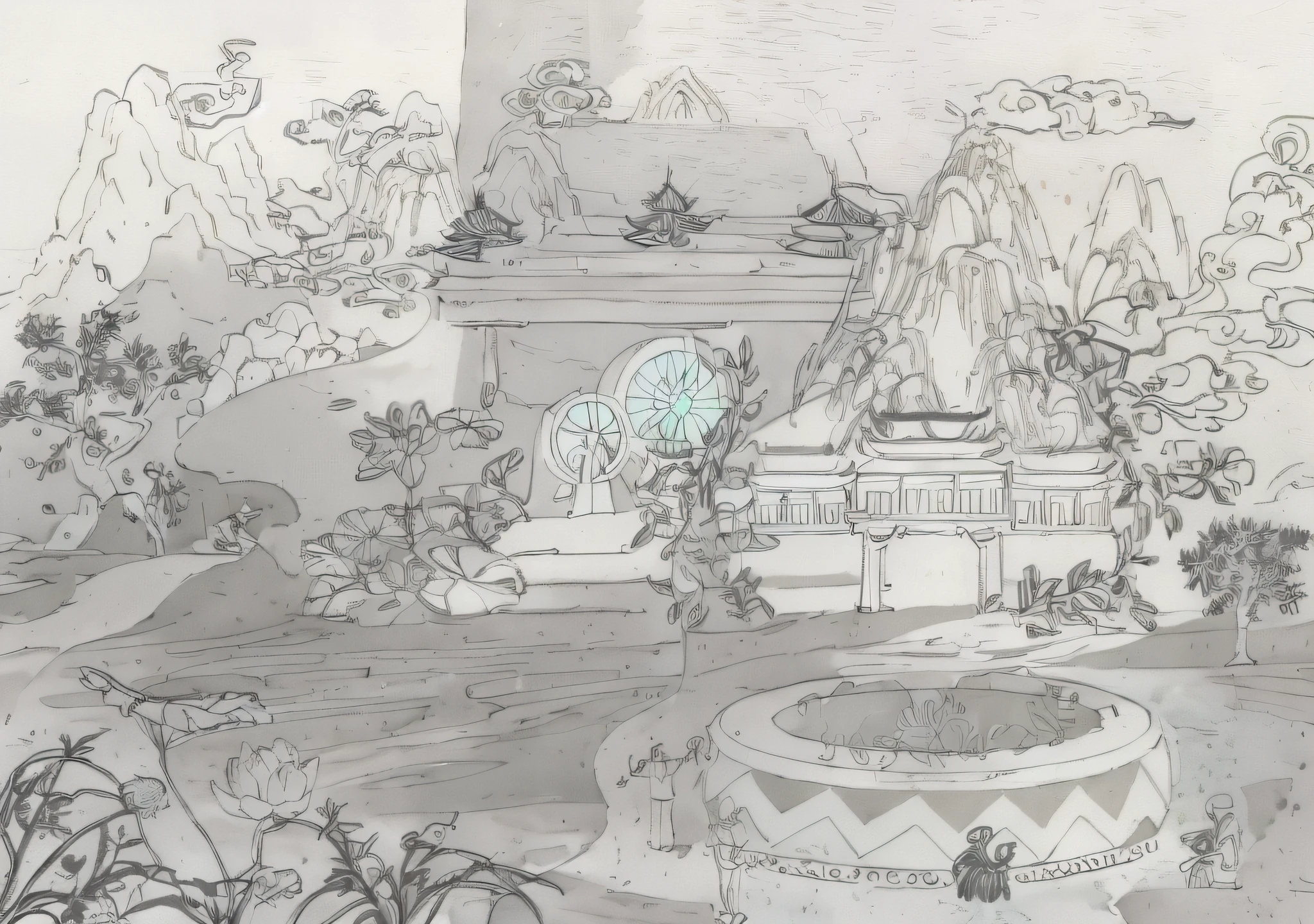 Coloring page with fountain and garden for men, 2d game lineart behance hd, 2d game lineart behance hd, full page illustration, background depicting a temple, Temple background, colouring - in sheet, highly detailed linework, stylized linework, line art illustration, inspired by Tawaraya Sōtatsu, clean lineart