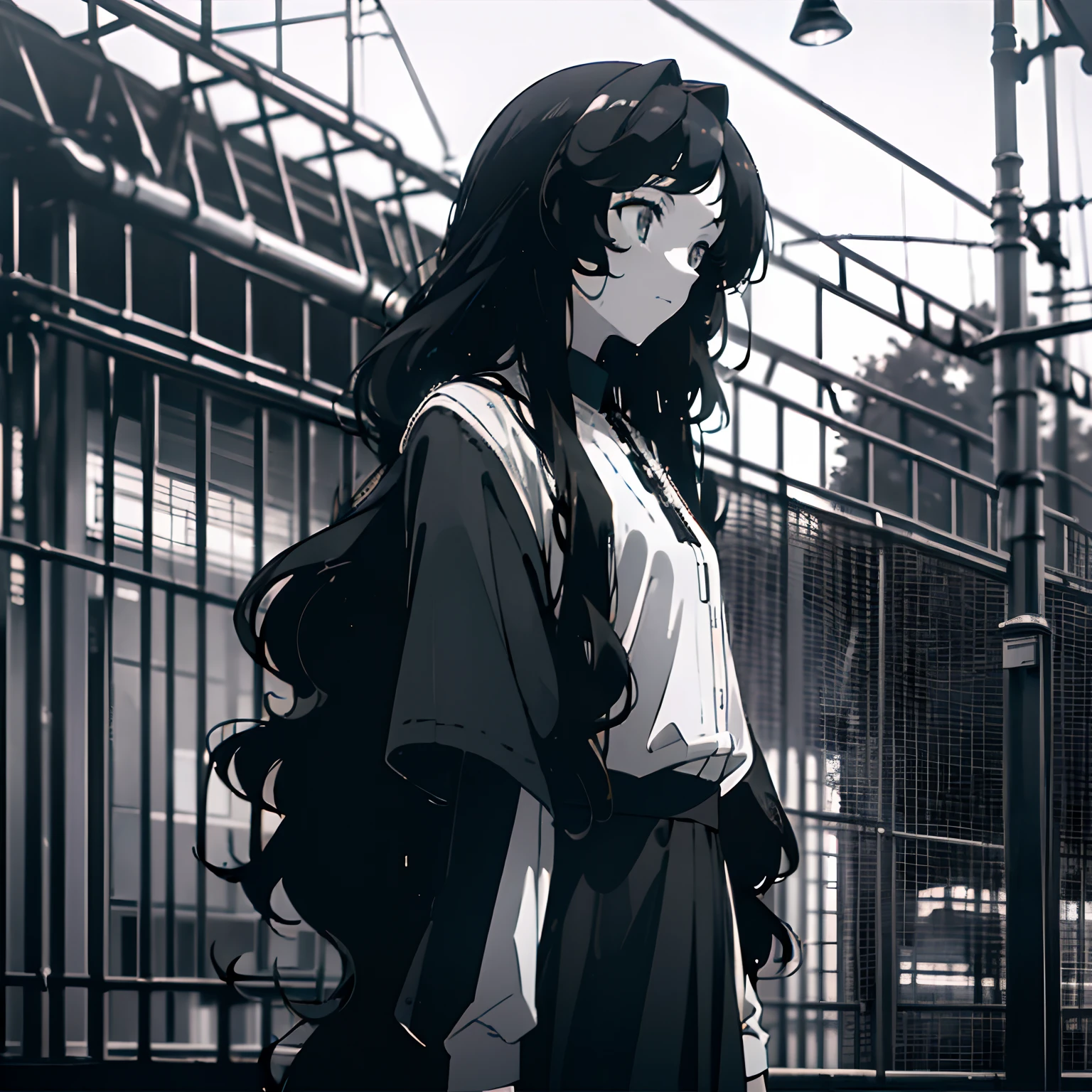 Anime girl with long black hair standing in front of a fence - SeaArt AI