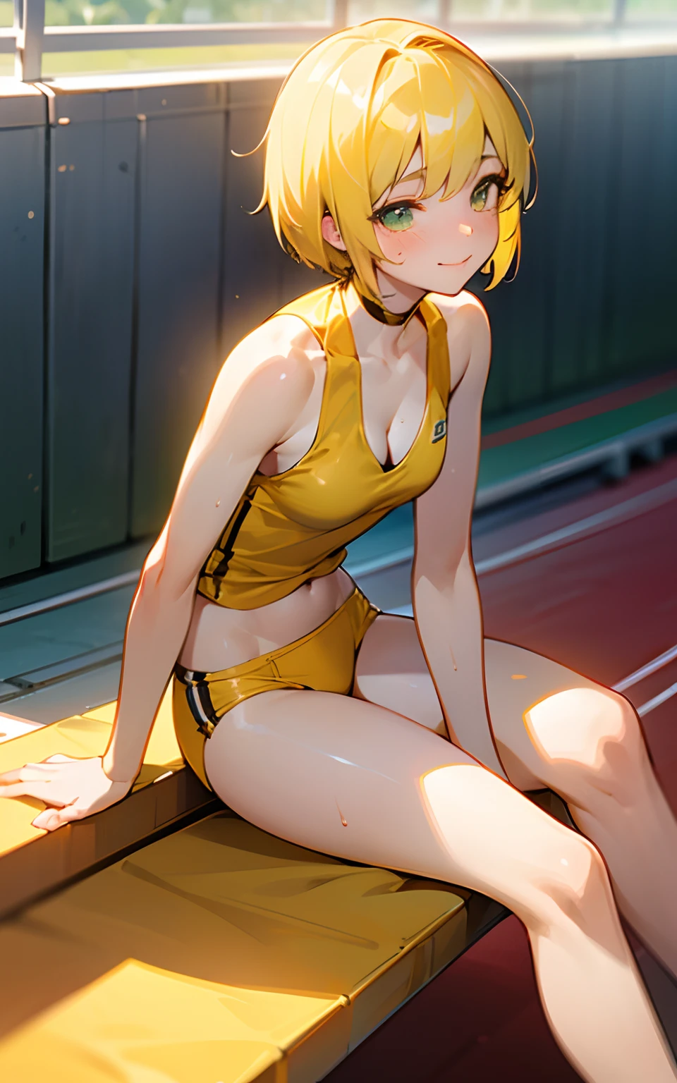 (Original Character、Unity 16K Wallpaper, Masterpiece, Best Quality, Ultra-Detailed, Extremely Detailed CG, Caustics, Cinematic Lighting, Detailed, Beautiful Detailed Eyes, solo), Ultra High Resolution, fine skin, (track and field:1.2) 、(strong light)、sweaty skin,smile , from front:1.2、(sexy women)、track arena、full body shot、2 piece , bare belly, show neck, some cleavage, sleeveless, sunny day、cowboy shot, yellow hair、sit on the bench, open legs, pixie cut,blushing, short hair, yellow track uniform, yellow uniform, yellow tanktop, yellow bikini bottom, one knee close to chest