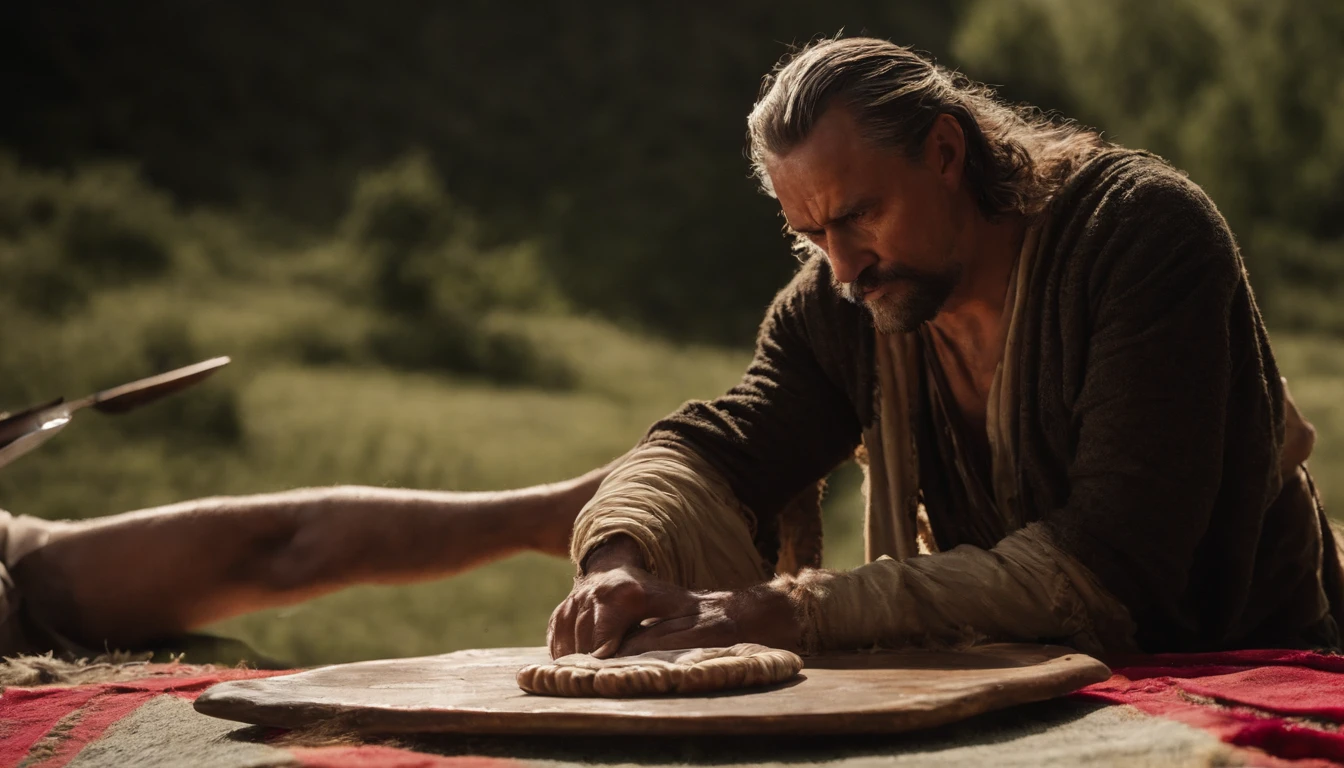 Nesta cena, Ismael, um jovem, Is lying on a mat, pronto para ser circuncidado como parte do pacto. Um homem mais velho, probably Abraham, is holding a sharp blade while a priest or elder performs the procedure. There is a look of determination and faith on Ishmael's face, apesar da dor iminente. A cena se passa em um ambiente simples, talvez uma tenda, with symbolic elements that denote the sacred character of the ritual.
