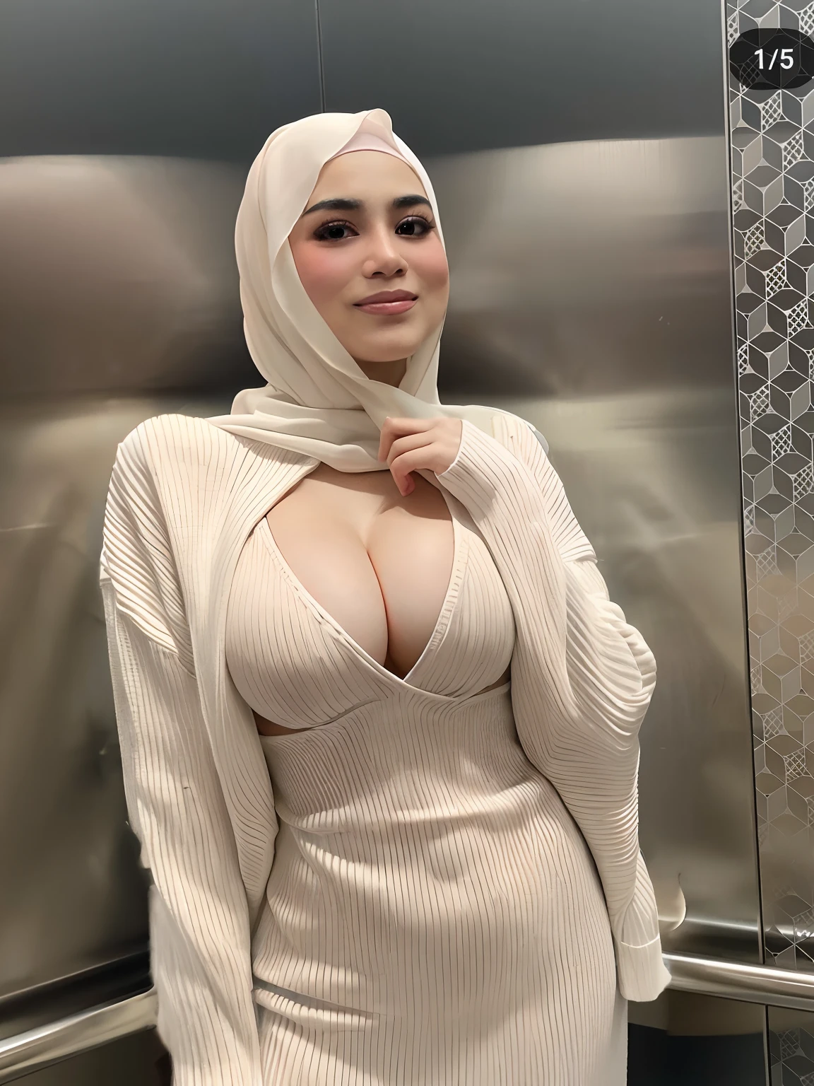 masutepiece, Best Quality, Illustration, Ultra-detailed, finely detail, hight resolution, 8K Wallpaper, Perfect dynamic composition, Beautiful detailed eyes, Natural Lip, sexy knitted dress , Big breasts, cleavage, Random sexy poses, full body, hijab, satin, holding breast, medium breast