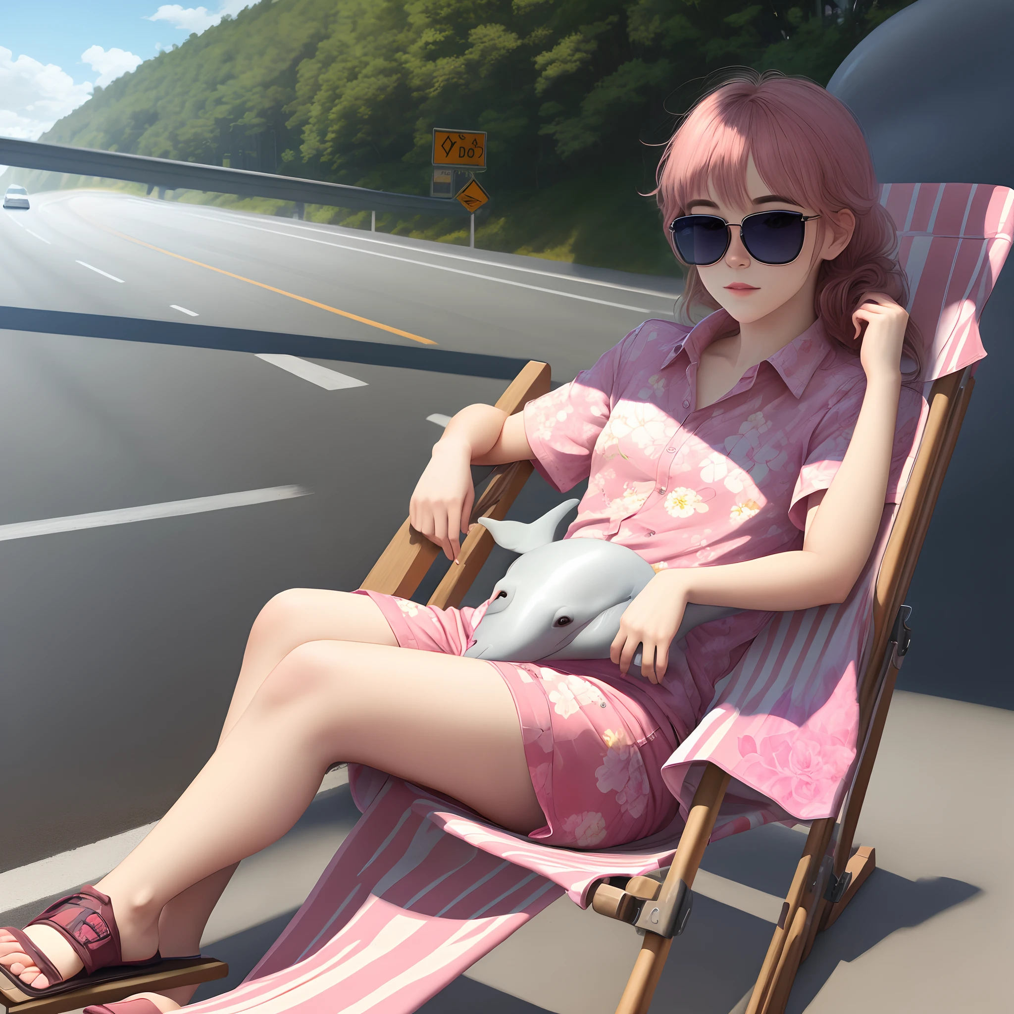 A beluga whale with a pink floral shirt and sunglasses relaxes on a deck chair in the middle of the highway. He blocks traffic.
