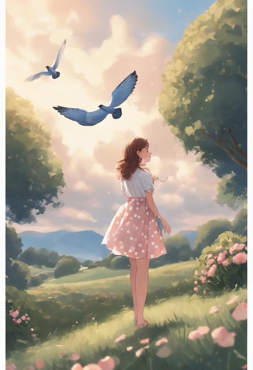 masterpiece, best quality, 1girl, bird, seagull, sky, cloud, polka_dot, blue_sky, solo, cloudy_sky, bug, butterfly, day, blush, flock, outdoors, Abigail Ass Ass Ass