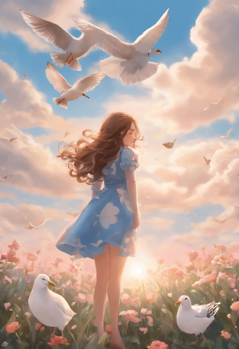 masterpiece, best quality, 1girl, bird, seagull, sky, cloud, polka_dot, blue_sky, solo, cloudy_sky, bug, butterfly, day, blush, flock, outdoors, Abigail Ass Ass Ass
