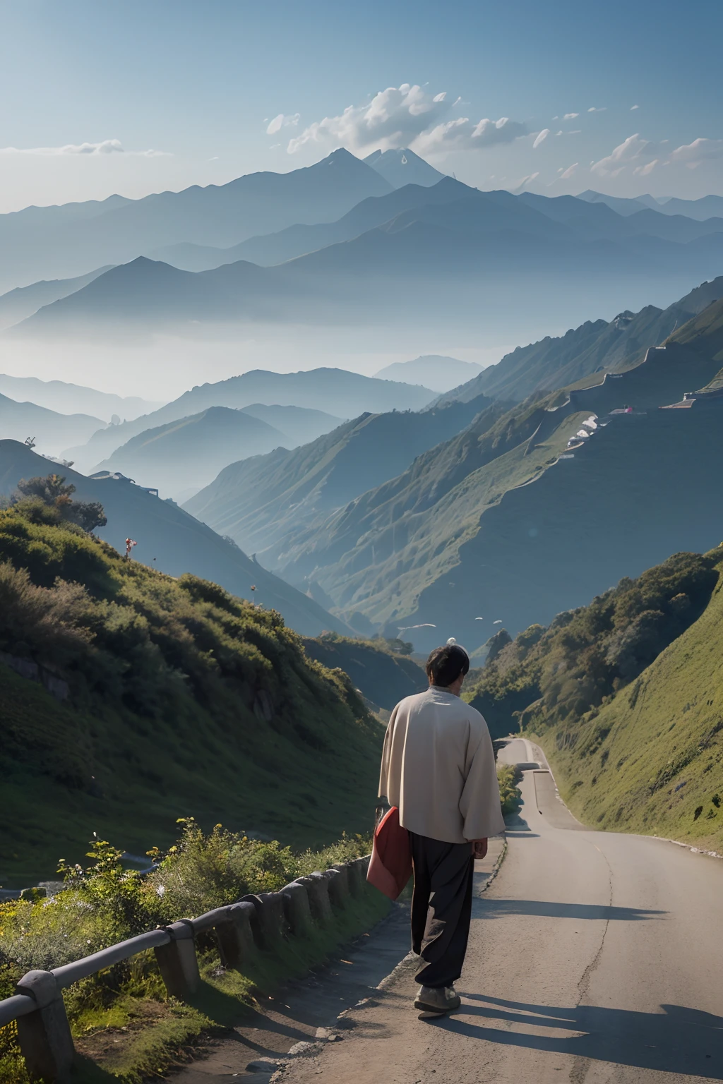 A middle-aged man with a solemn demeanor in ancient China，Strong body，ragged attire，medium lenght hair，Carrying luggage on your back，Walk on the mountain road and look into the distance，Background surrounded by mountains，perspire，serious expressions