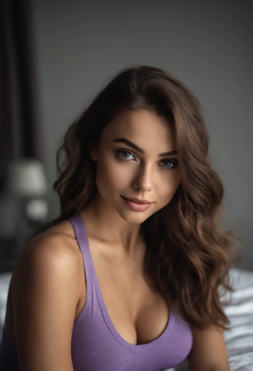 arafed woman with matching tank top and panties, sexy girl with brown eyes, portrait sophie mudd, brown hair and large eyes, selfie of a young woman, bedroom eyes, violet myers, without makeup, natural makeup, looking directly at the camera, face with artgram, subtle makeup, stunning full body shot, cleavage
