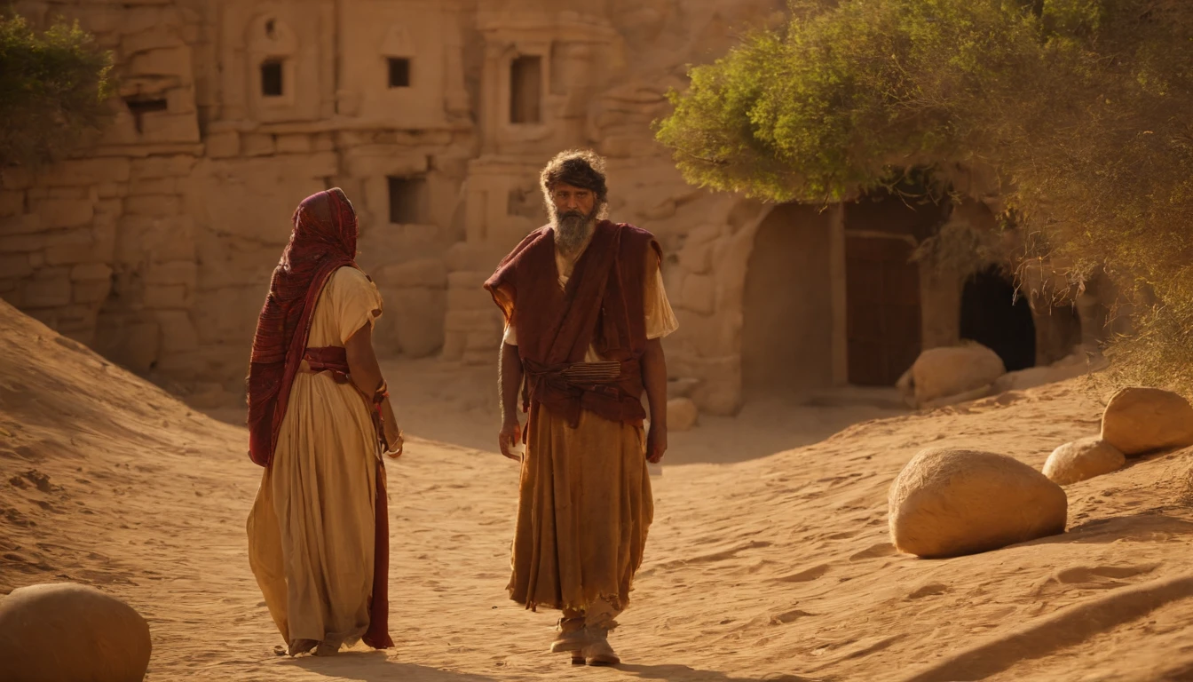 A depiction of Ishmael and Hagar's departure from the house of Abraham. Ismael, agora um adulto, is carrying a small bag with his belongings as he says goodbye to Hagar, his mother, with tears in eyes. Hagar is visibly sad, but firm in his decision. The surrounding landscape is desert, indicating the arduous journey that awaits them.