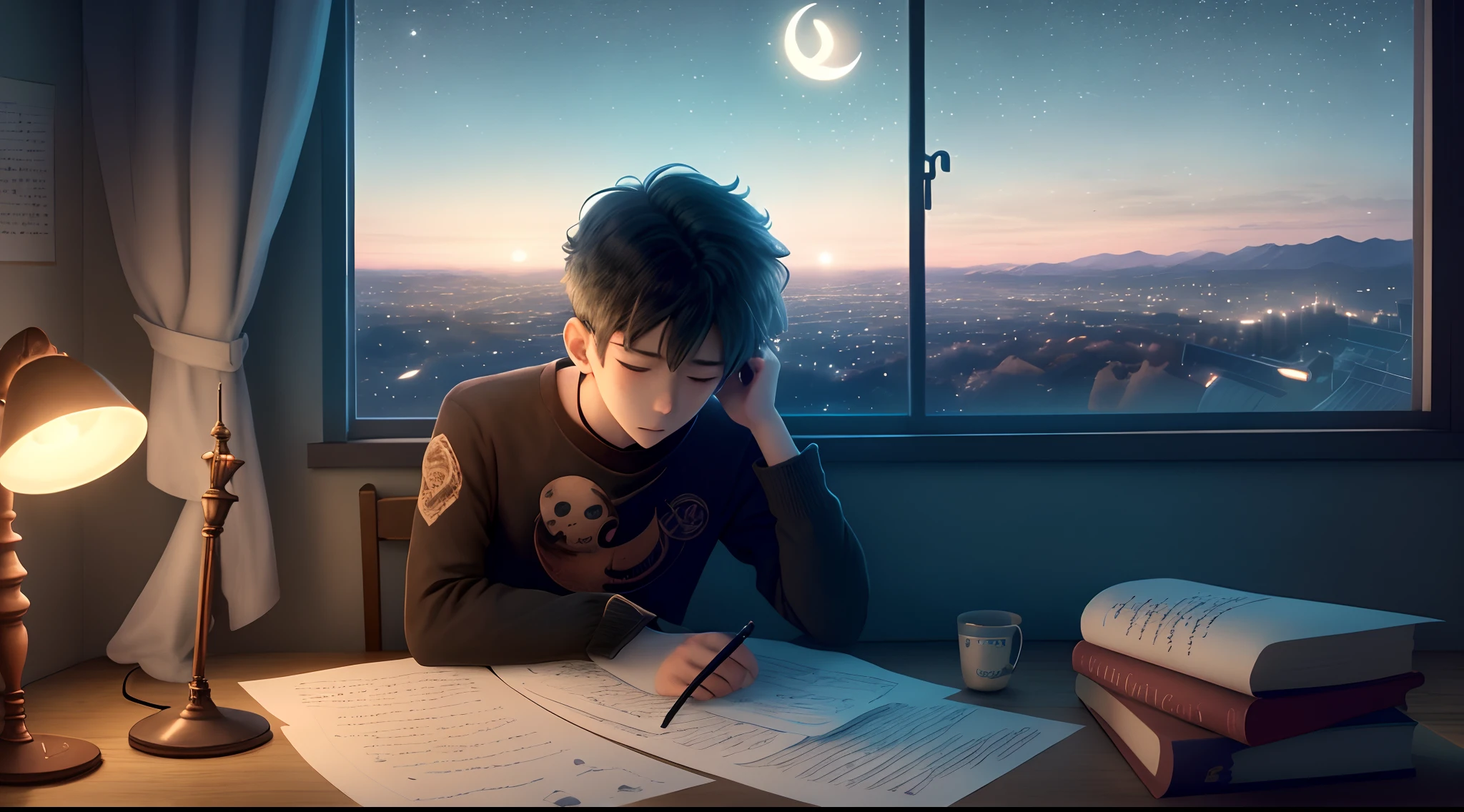 /imagine "a broken heart anime boy who is poet writing on a paper under the light of a lamp in a dark room and some failed poetry papers are lie down on land in room and a beautiful new moon view appearing from his window"
