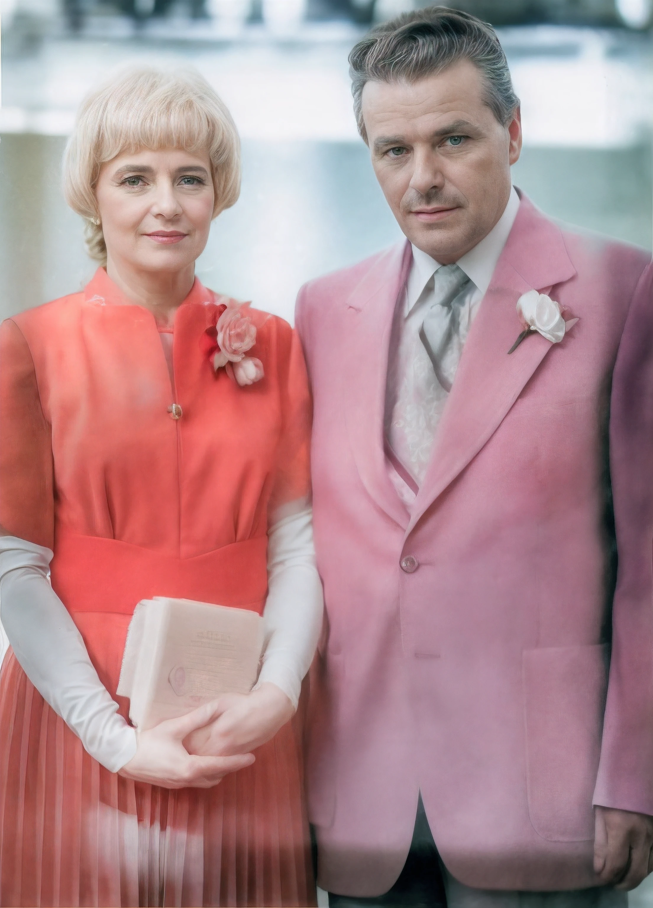 There are two people next to each other in formal attire, Erwin Olavo, Danila Tkachenko, usando um tux rosa, Alexandra Fomina, inspired by Małgorzata Serwatka, Sergey Krasovskiy, Do Grand Budapest Hotel, inspirado em Anato Finnstark, inspirado em Norma Bull, colorido, Retrato de uma gangue cor-de-rosa