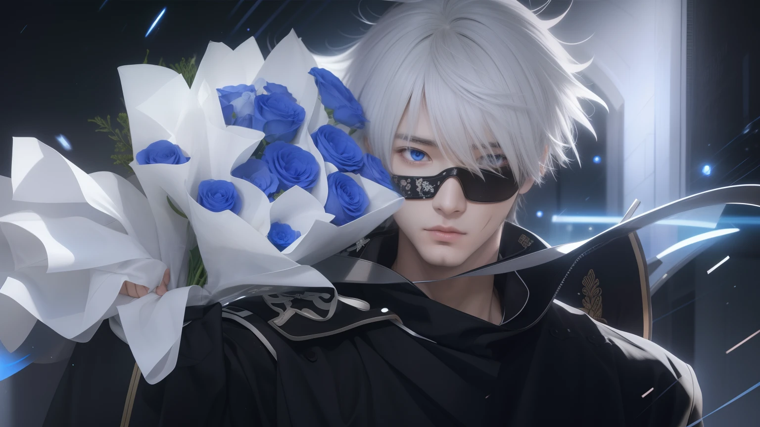 anime guy with a bouquet of flowers in his hand, best anime 4k konachan wallpaper, 4 k manga wallpaper, 4k anime wallpaper, anime art wallpaper 4 k, anime art wallpaper 4k, badass anime 8 k, anime wallpaper 4 k, anime wallpaper 4k, anime art wallpaper 8 k, ultra hd anime wallpaper, anime wallaper,8k highly defined realistic anime version, highly defined realistic anime, gojo Saturo, blue eyes, black outfit, colourful lightening background