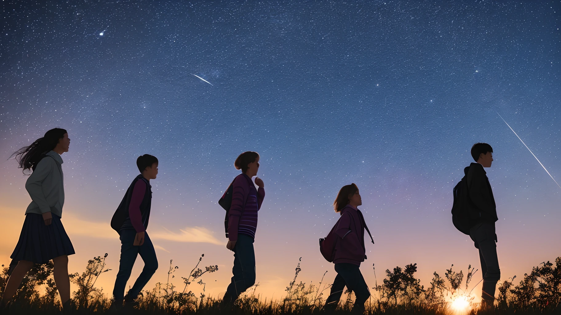four people walking, two girls and two boys, view from below. with the starry sky --auto --s2