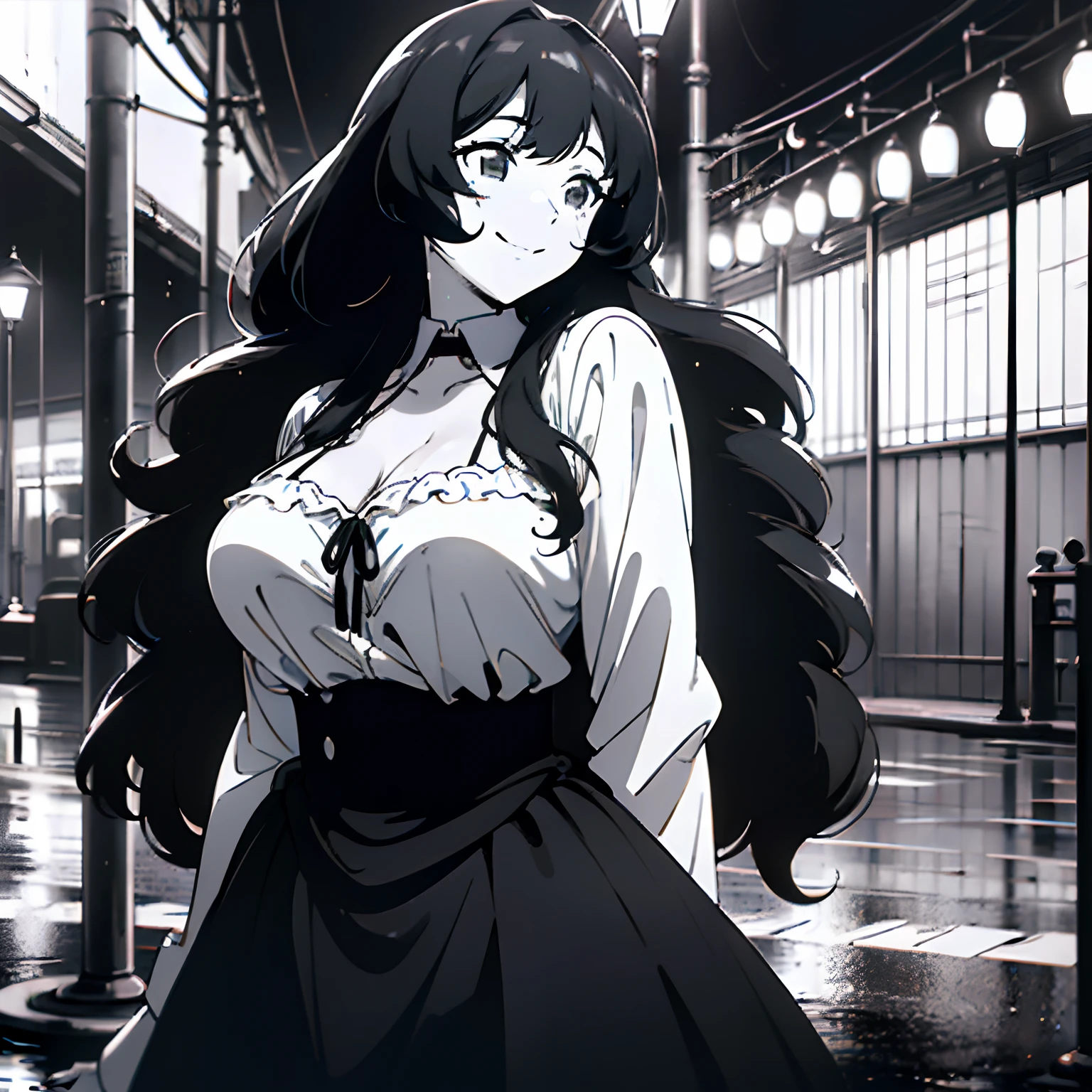 ((Masterpiece, solo, upper body, black and white, monochrome, night), street, old cars, streetlamps), cute anime girl standing, wet clothes, city street, ((smiling, black hair, long hair, wavy hair, cleavage, large breasts)), white dress shirt, black skirt, ribbon