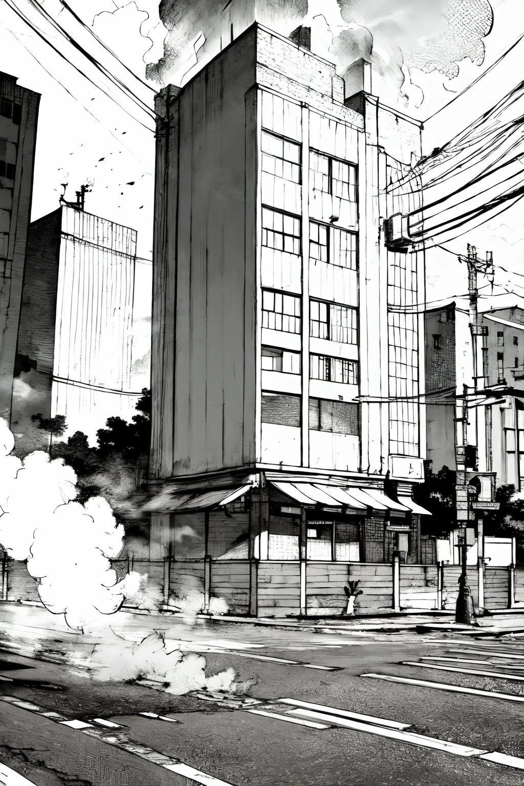 ((lineart, monochrome)),best quality, city building, scenery, busy streets, urban background, smoke , greyscale, monochrome, in boichi manga style