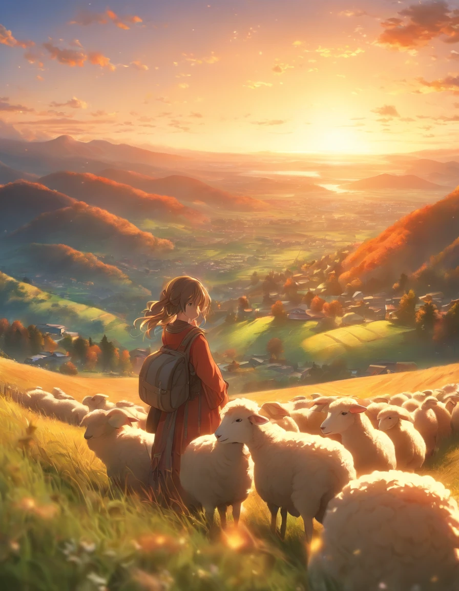 wide shot,alone mountains,sunrise,homestead nestled,rolling hills,girl,grandad,sheep,tending(best quality,4k,8k,highres,masterpiece:1.2),ultra-detailed,(realistic,photorealistic,photo-realistic:1.37),HDR,UHD,studio lighting,ultra-fine painting,sharp focus,physically-based rendering,extreme detail description,professional,vivid colors,bokeh,portraits,landscape