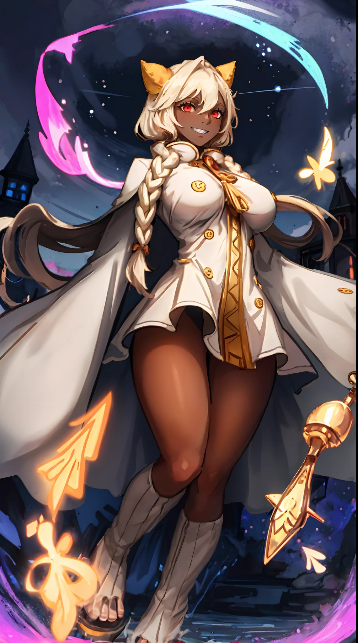 taokaka,,huge breast, , female,fantasy goddess,there is a cartoon picture of a woman with a very large breast, glowing angelic being, glowing holy aura, inspired by Luma Rouge, the non-binary deity of spring, ethereal rainbow nimbus, the butterfly goddess of fire, inspired by Marie Angel, glowing aura around her, astral fairy, as the goddess of the sun, “uwu the prismatic person, big breast, happy, beautiful eyes, , full body, walking, long robe, long dre, catgirlss,, priestess ,holy, smile, long dress, brown hair, female,red eyes, black robe with stars symbolism, full body, flipflops,(best quality,4k,8k,highres,masterpiece:1.2),ultra-detailed,(:1.37),black robe with blue stars simbolism, girl with queen crown,beautiful detailed eyes,beautiful detailed lips,extremely detailed eyes and face,longeyelashes,golden crown adorned with diamonds,glowing blue stars on the robe,glittering pearls entwined in hair,royal purple backdrop,sparkling tiara,rich textures and fabrics,regal posture,confident expression,majestic aura,ethereal lighting,hauntingly beautiful atmosphere,elegant and magical,enchanted garden in the background,floating golden particles,subtle reflections on the crown,sublime tranquility,depth and mystery,sophisticated and regal,impeccable attention to detail,captivating and enchanting,ethereal and divine,fantasy-inspired artwork,dreamlike and surreal,celestial beauty and elegance,dark and mysterious,royal and majestic vibes,meticulous craftsmanship,vivid colors,whimsical and otherworldly., pants,sharpteeth ,black hair, cat ears, full body, smile, darkskinned-female, black hair, pants, caucasiene facial features