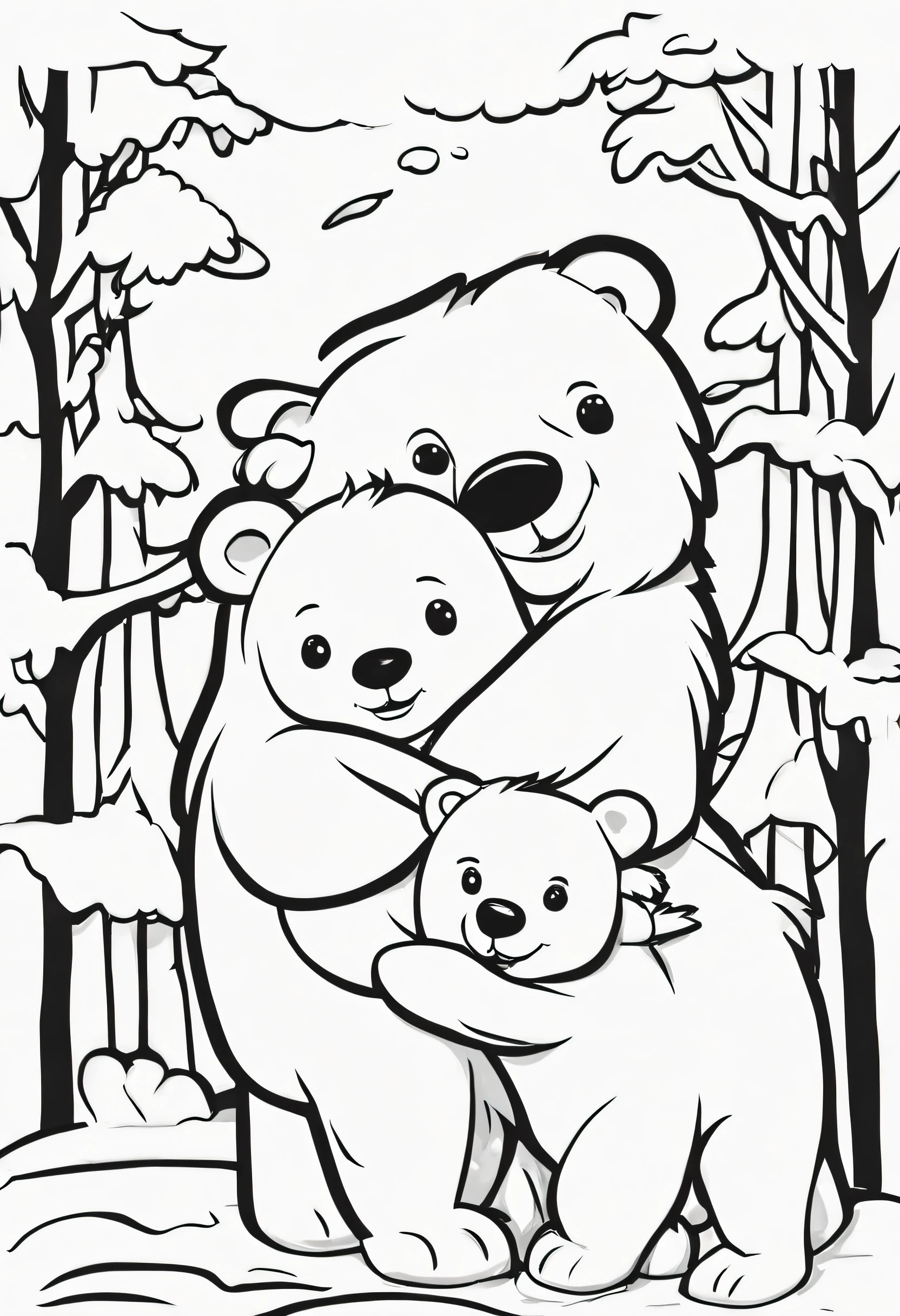 Black and white outline art for cute children's coloring book pages. Cute Kawaii Christmas polar bear with a cub in an action pose, all white, children's style, white background, whole body, sketch style, full body, only outlines used, cartoon style, lines, coloring book, clean lines, background. White, Sketch style