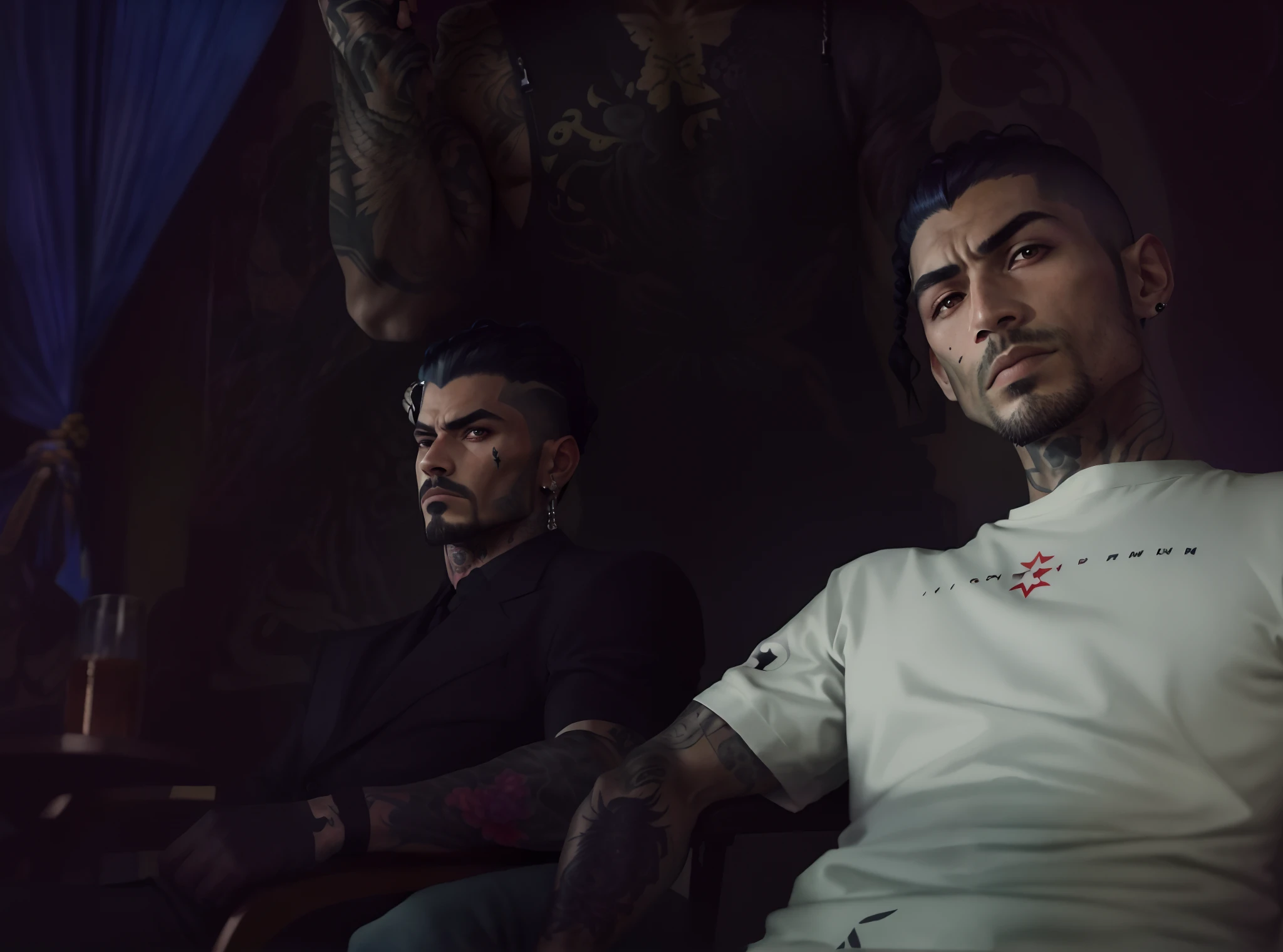 Two men, arafed man with tattoos sitting in a chair in front of a painting, tattooed man, yakuza tattoo on body, fully tattooed body, yakuza, in style the demon seated, steven klein, muscular body tattooed, tattooed, full-body tattoos, full - body tattoos, tattooed skin, tattoos all over the skin, tattooed body, inspired by Byron Galvez