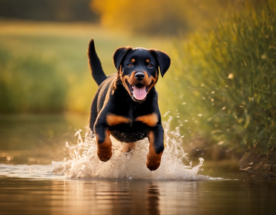 A playful Rottweiler puppy, running and jumping on the river bank, beautifully capturing its energy and excitement. The puppy's glossy coat shines under the warm rays of the natural sunlight, adding a fresh and charming vibe to the scene. The vibrant color palette, with rich and warm tones, further enhances the overall appeal of the image. The peaceful river flowing in the background creates a serene ambiance, contrasting with the puppy's playful movements. The soft shade from nearby trees gently embraces the scene, creating a beautiful interplay of light and shadow. The adorable puppy happily chases a ball, adding a touch of joy and liveliness to the artwork. This masterpiece of a prompt guarantees the best quality image, with ultra-detailed features and a photorealistic rendering that captures every fine detail of the puppy's cute face and expressive eyes. The playful atmosphere and the puppy's lively interaction with the ball make this scene truly captivating. Get ready to witness this hot scene come to life with vibrant colors and a perfect balance between warm and soft shades. Let the beauty of nature and the charm of this playful Rottweiler puppy bring warmth and joy to your eyes.