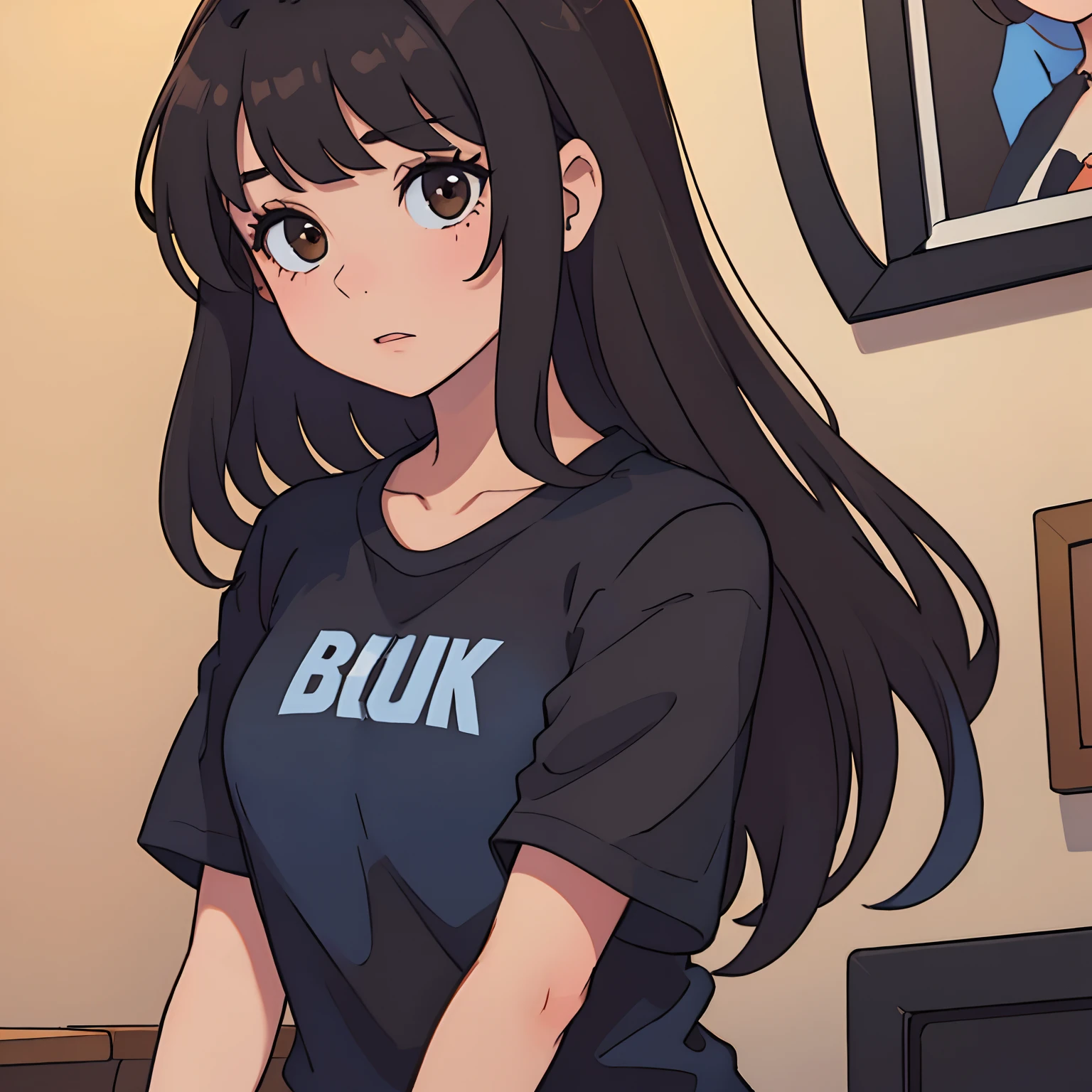 A young girl, dark brown hair with dark blue hair tips, brown eyes and a black top shirt