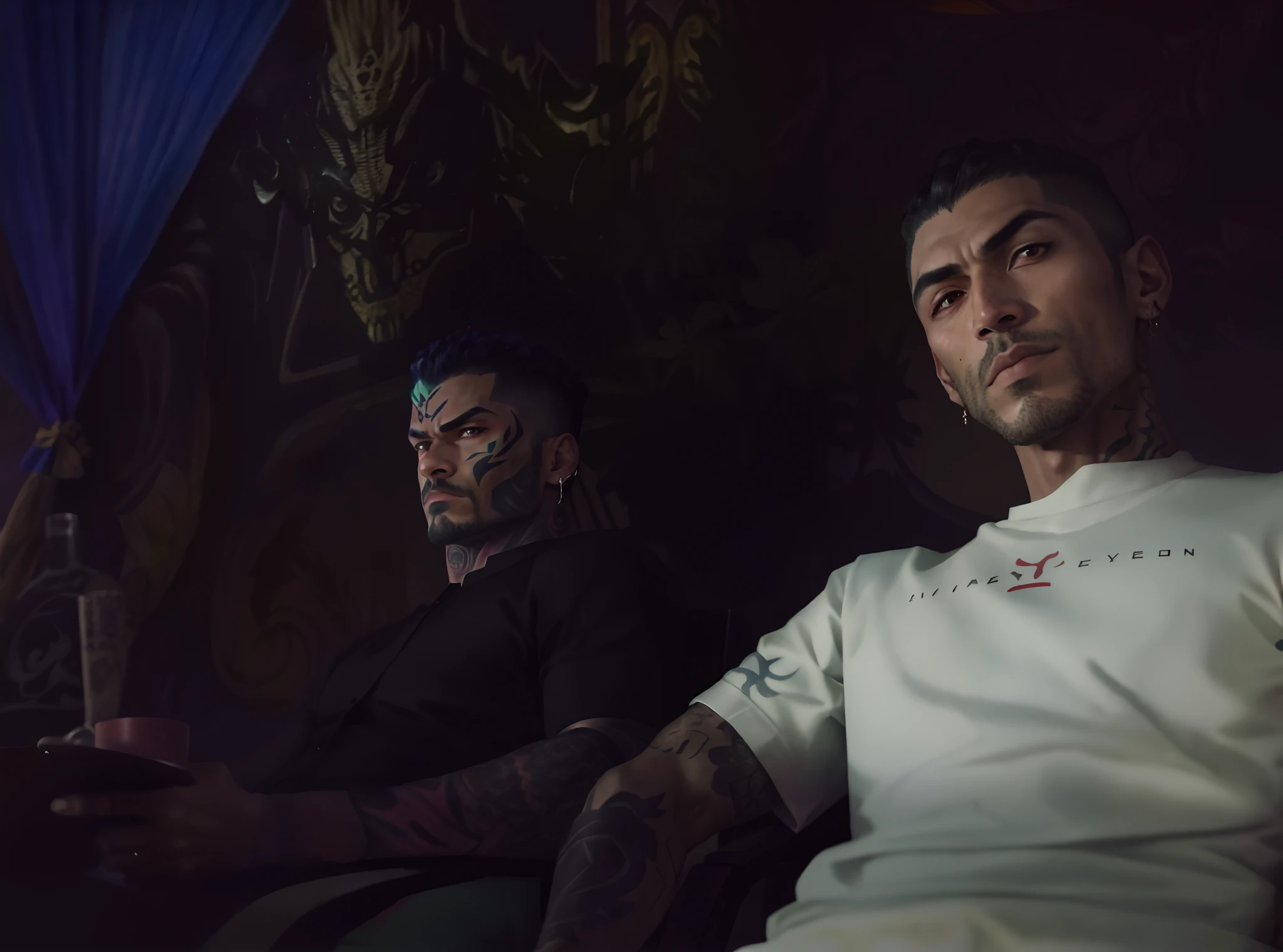 Two men, arafed man with tattoos sitting in a chair in front of a painting, tattooed man, yakuza tattoo on body, fully tattooed body, yakuza, in style the demon seated, steven klein, muscular body tattooed, tattooed, full-body tattoos, full - body tattoos, tattooed skin, tattoos all over the skin, tattooed body, inspired by Byron Galvez