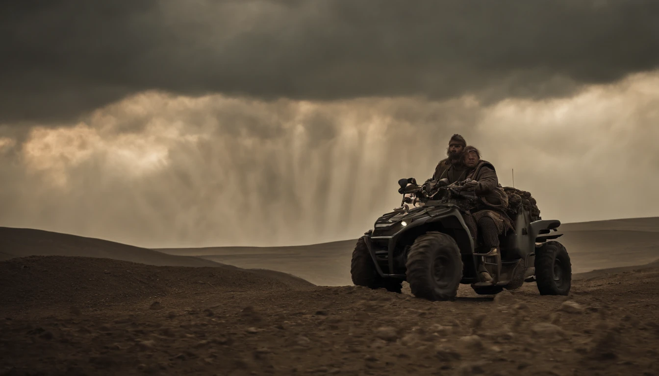A symbolic scene representing the prophecy about Ishmael and the battles to come. Ishmael is depicted as an armored warrior, segurando uma espada. Ao seu redor, There are shadows and silhouettes of warriors representing the "all will have a hand in him". The setting is of a desolate battlefield, With debris and dark clouds in the sky.