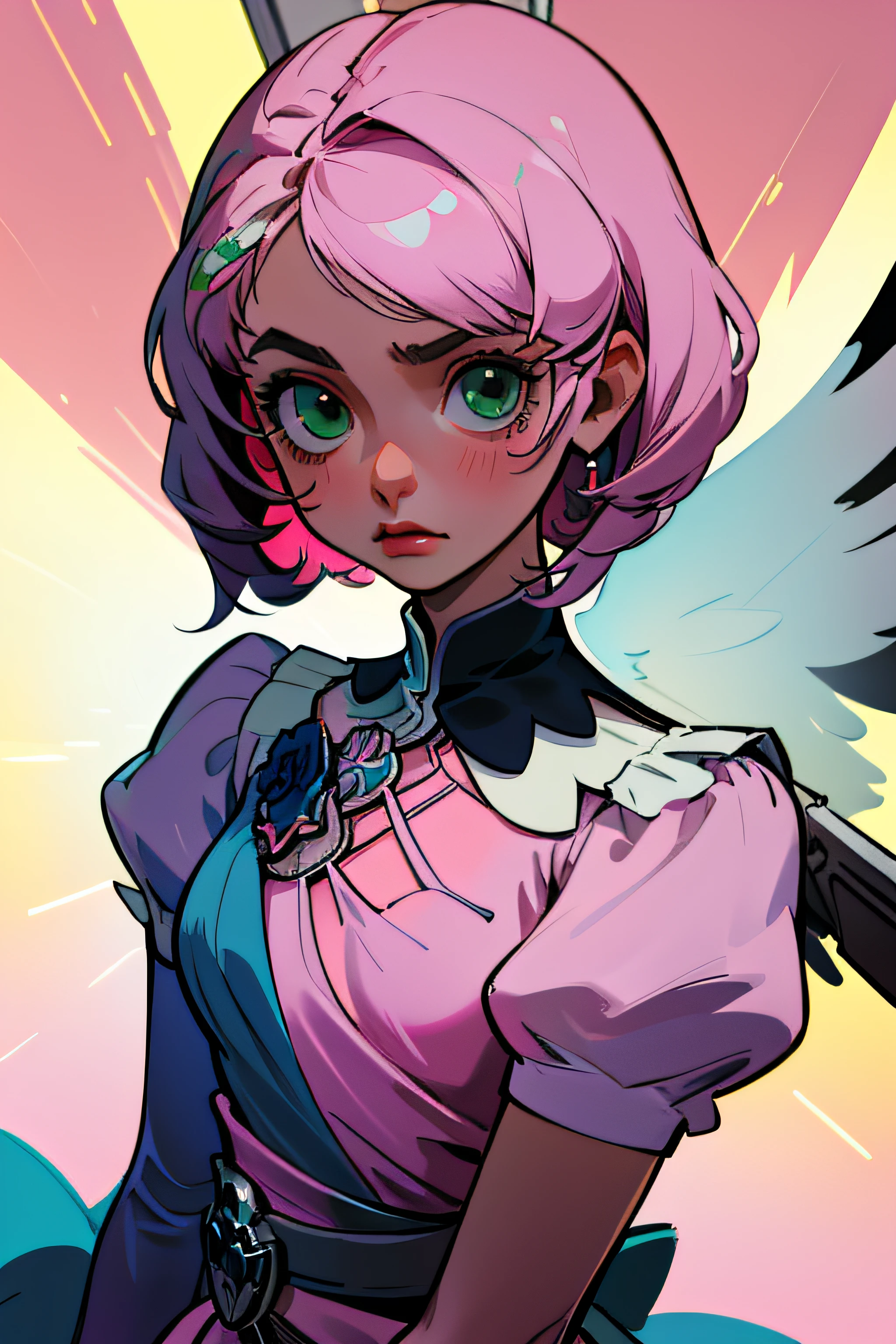 Alisa bosconovitch, melhor qualidade, contemporary, estilo plano, minimalismo, Green Eyes Flat Illustration, cabelo rosa, cabelo curto, cabelos multicoloridos, Camisa Preta, mechanical wings, Head Portrait Close-U, peito pontudo, decote, super decote, middlebreasts, Tekken，cabelo rosa pastel, 1girl, em quimono, hand-painted，Desenho de linha sem cor, Tekken, com roupa de empregada，figura esbelta，robusto，He sat on the floor，Vestido com roupas de empregada rosa e branco，cabelos muito curtos，com orelhas de gato，quadratic element，, kawaii cor-de-rosa na roupa da era de 1910, Alisa Bosconovich pink lips, no estilo da paleta de cores suave aurorapunk, an anime illustration of his face, gifs animados, hand drawn animation, charming sketches, suave e brilhante, romantismo nebuloso, estilo superflat, fundo branco - ar 1:1 - niji 5 - estilo expressivo --s 50